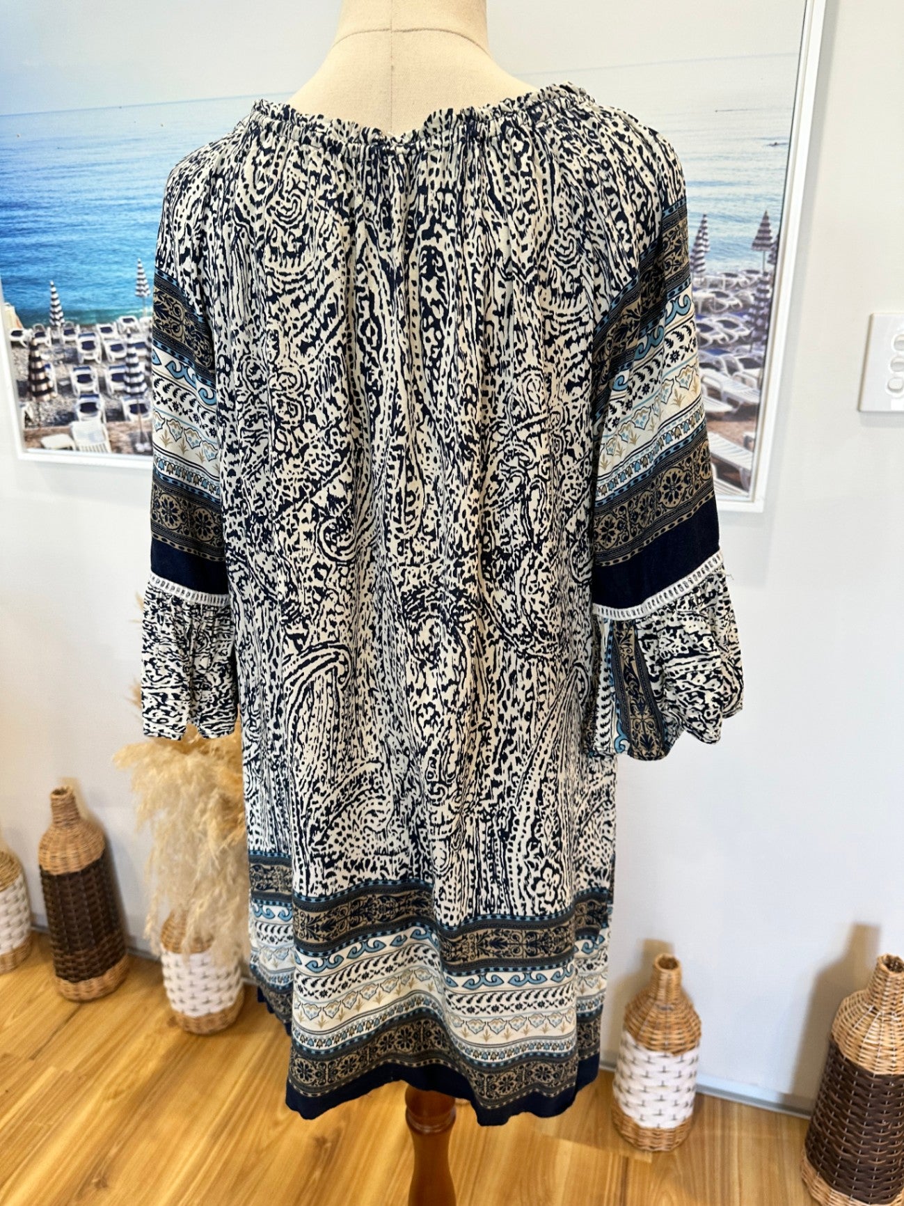 Bohemian Off-Shoulder Dress - Medium - Navy w Blue & Creams