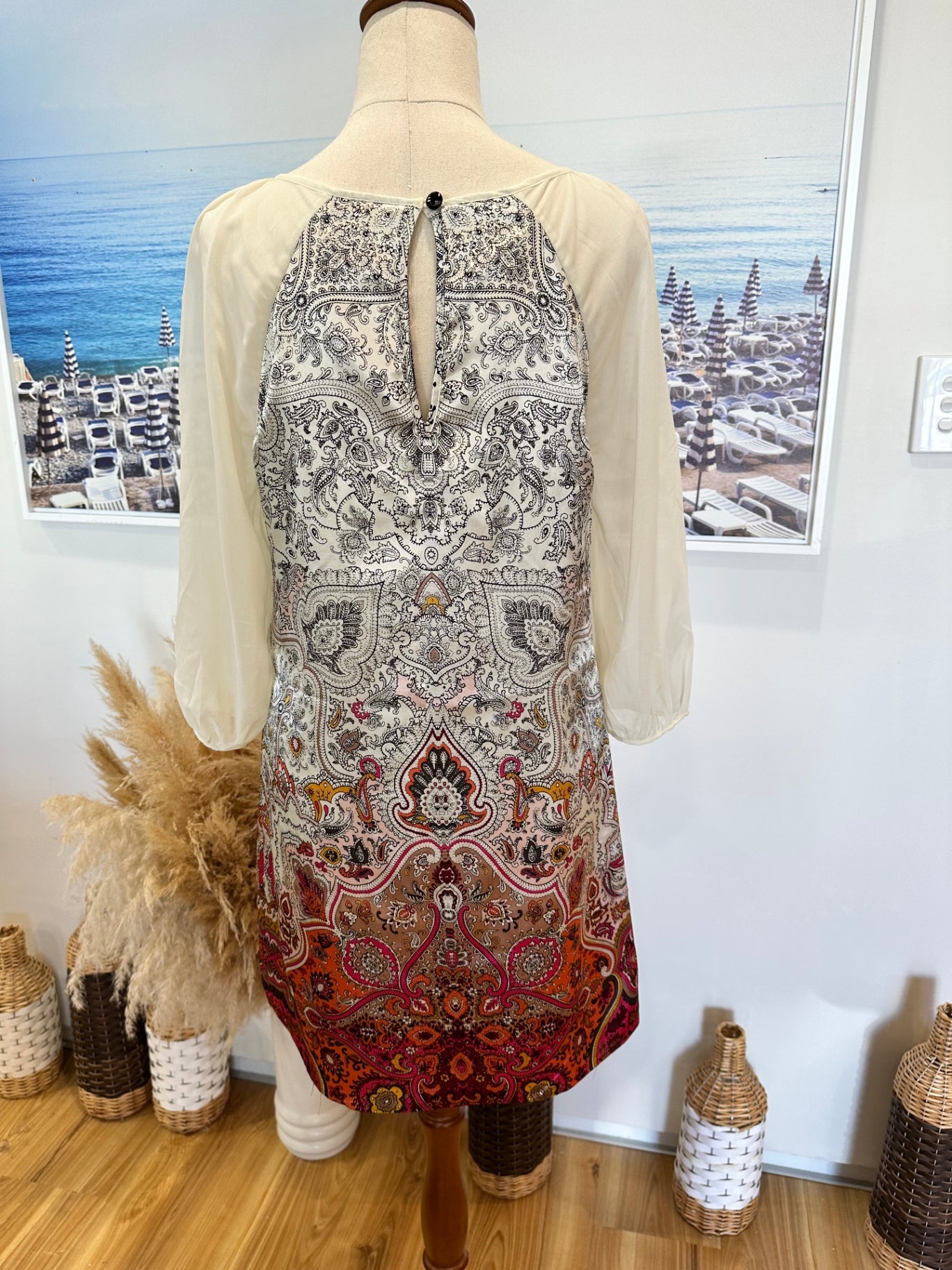 Monsoon Dress - Size 12 - Cream w Black / Jewelled Paisley Print
