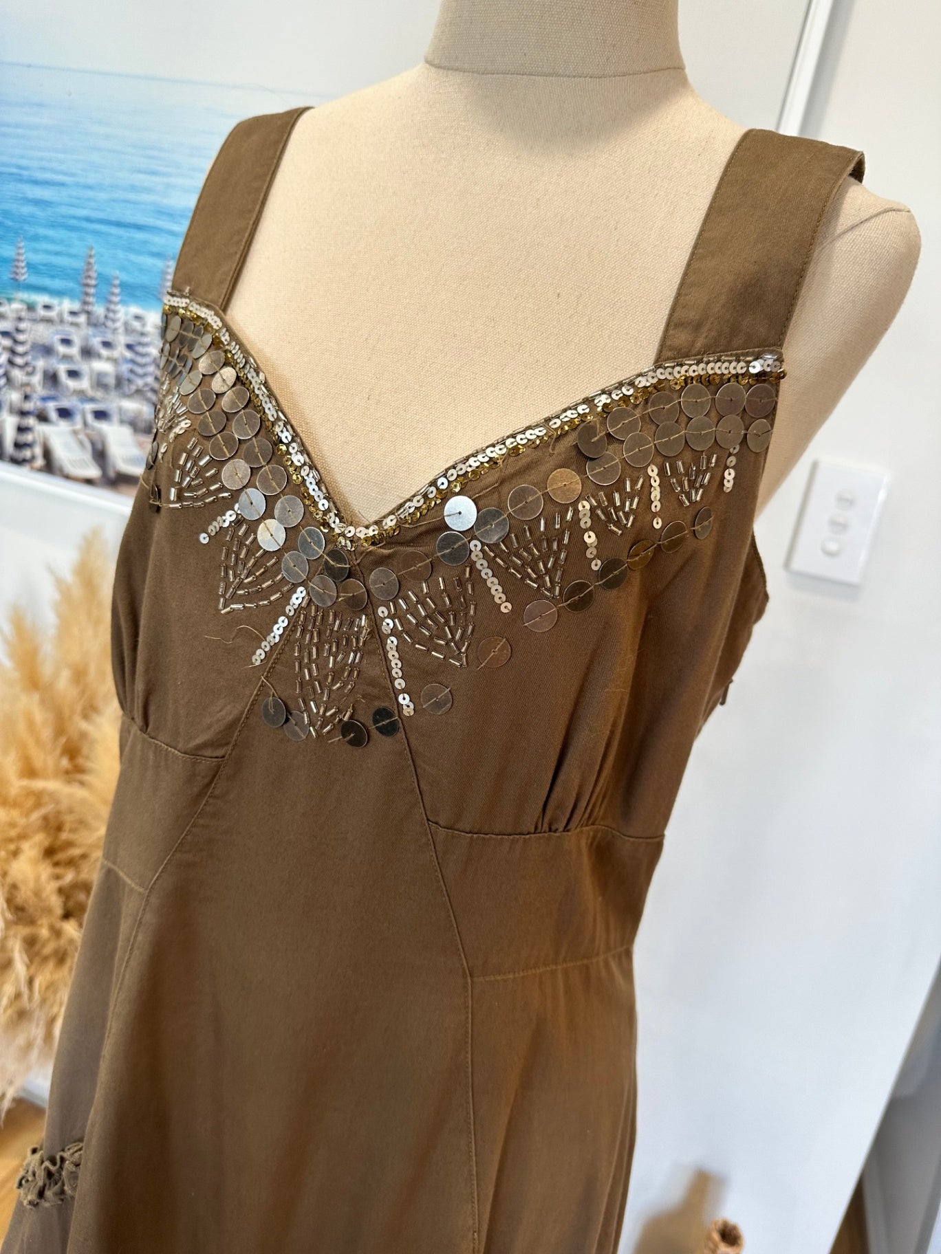 Mermaid Dress - Small / Medium - Brown w Embellishment at Neckline