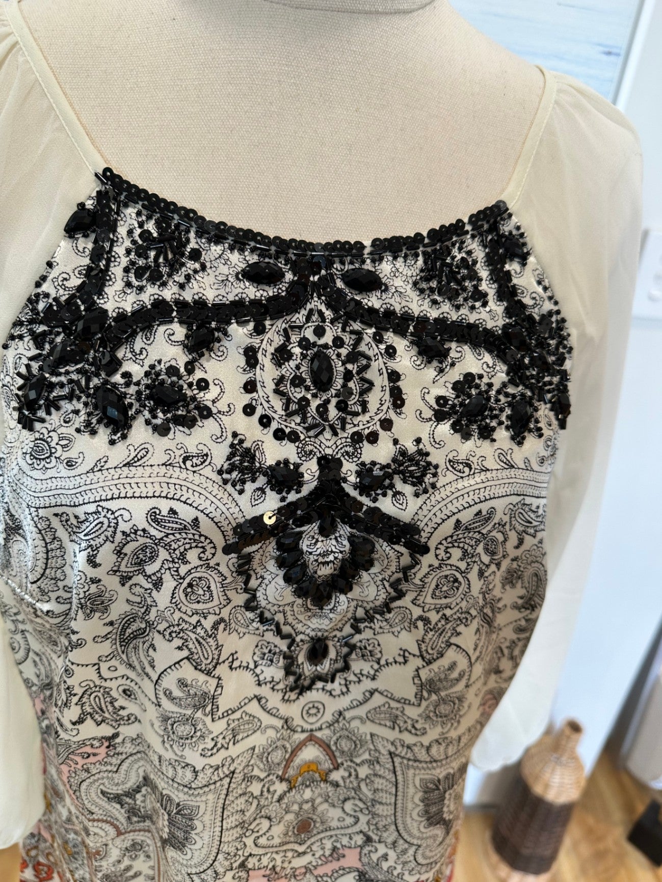 Monsoon Dress - Size 12 - Cream w Black / Jewelled Paisley Print