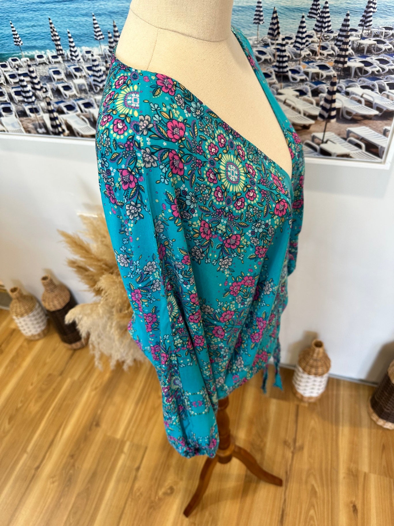Bohemian Batwing Blouse - Large - Turquoise w Pink Florals