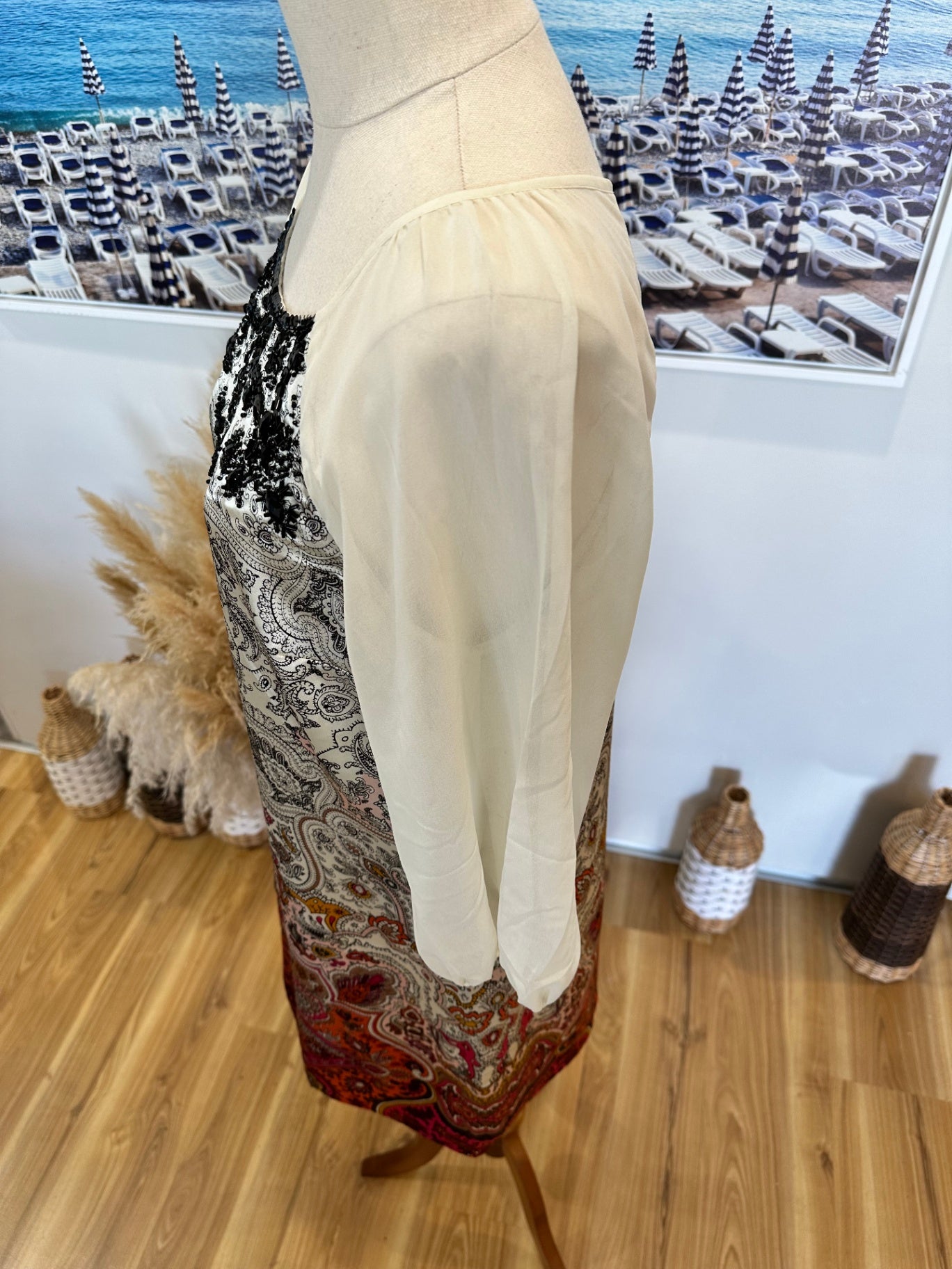 Monsoon Dress - Size 12 - Cream w Black / Jewelled Paisley Print