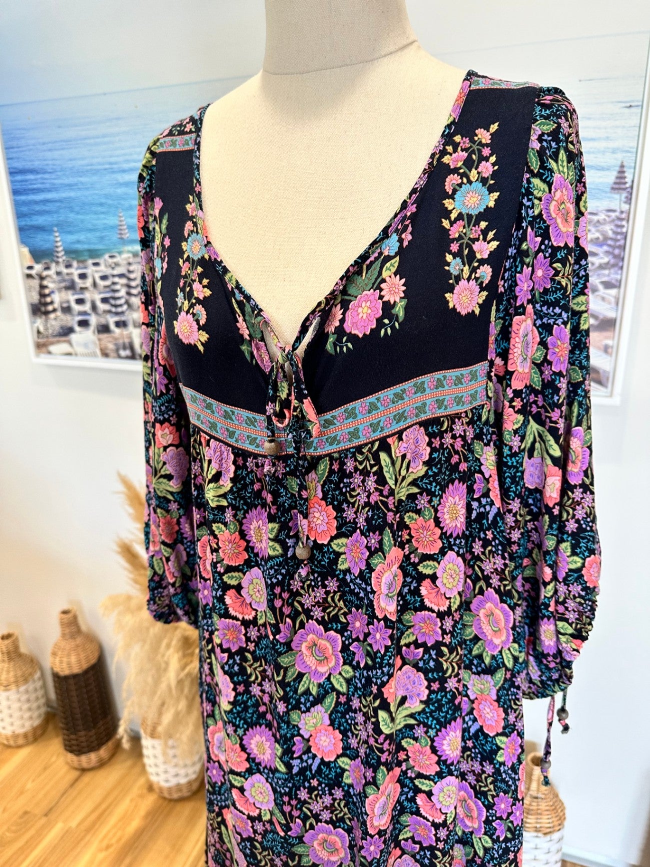 Zen Garden - Bohemian Dress - Medium - Navy w Purple / Pink Florals