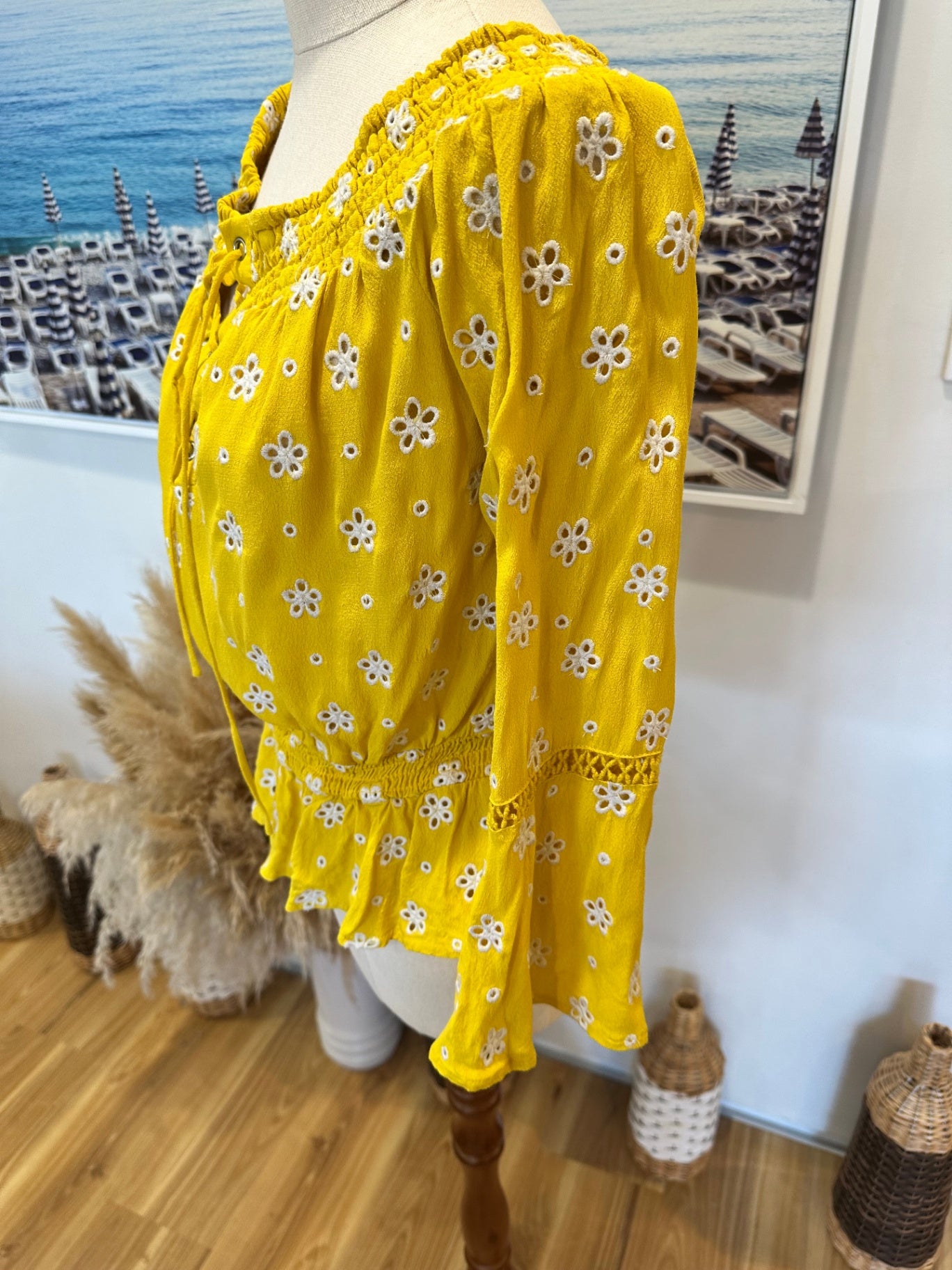 Seed - Off-shoulder Top - Small - Yellow w Broderie