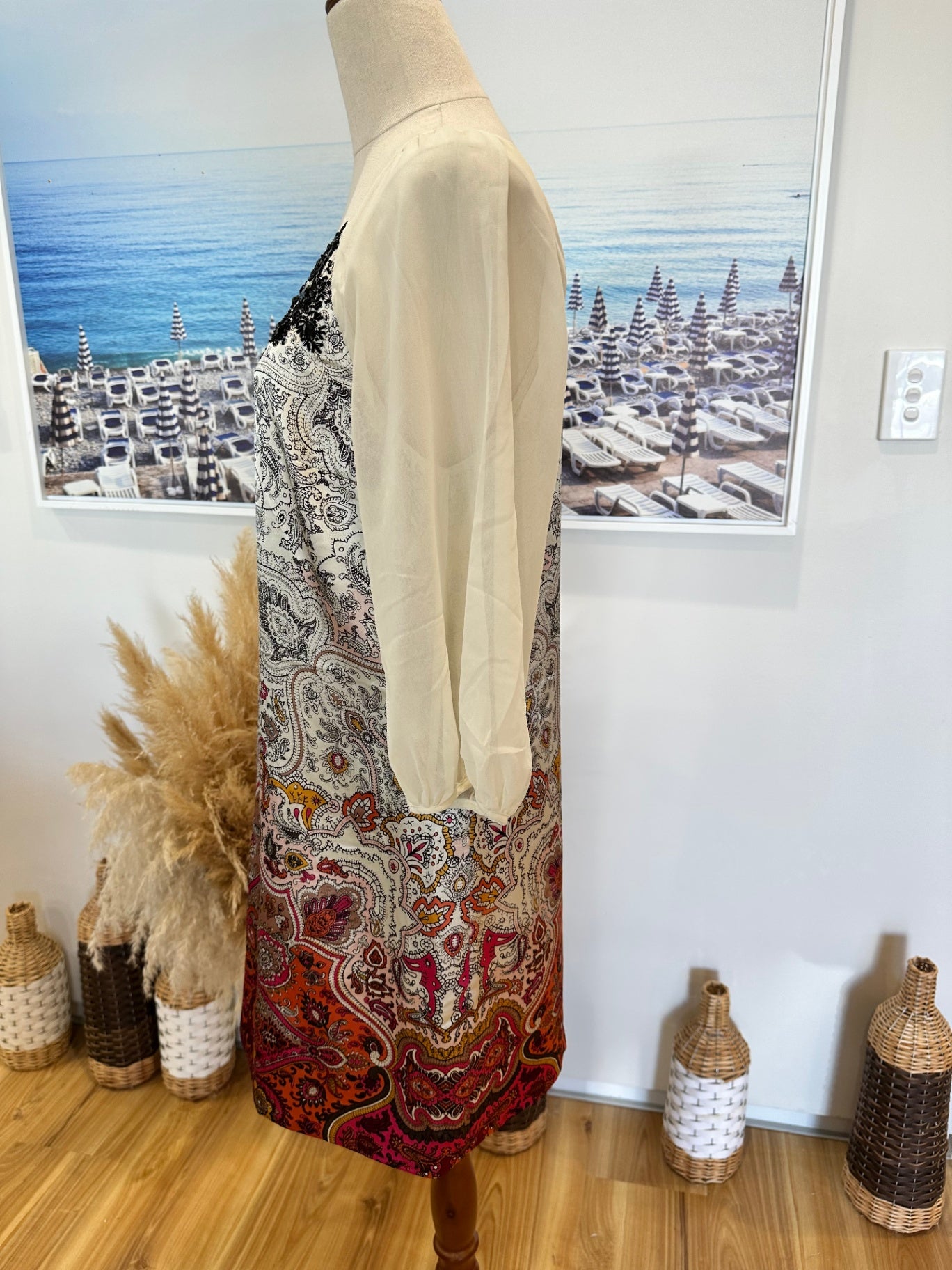 Monsoon Dress - Size 12 - Cream w Black / Jewelled Paisley Print