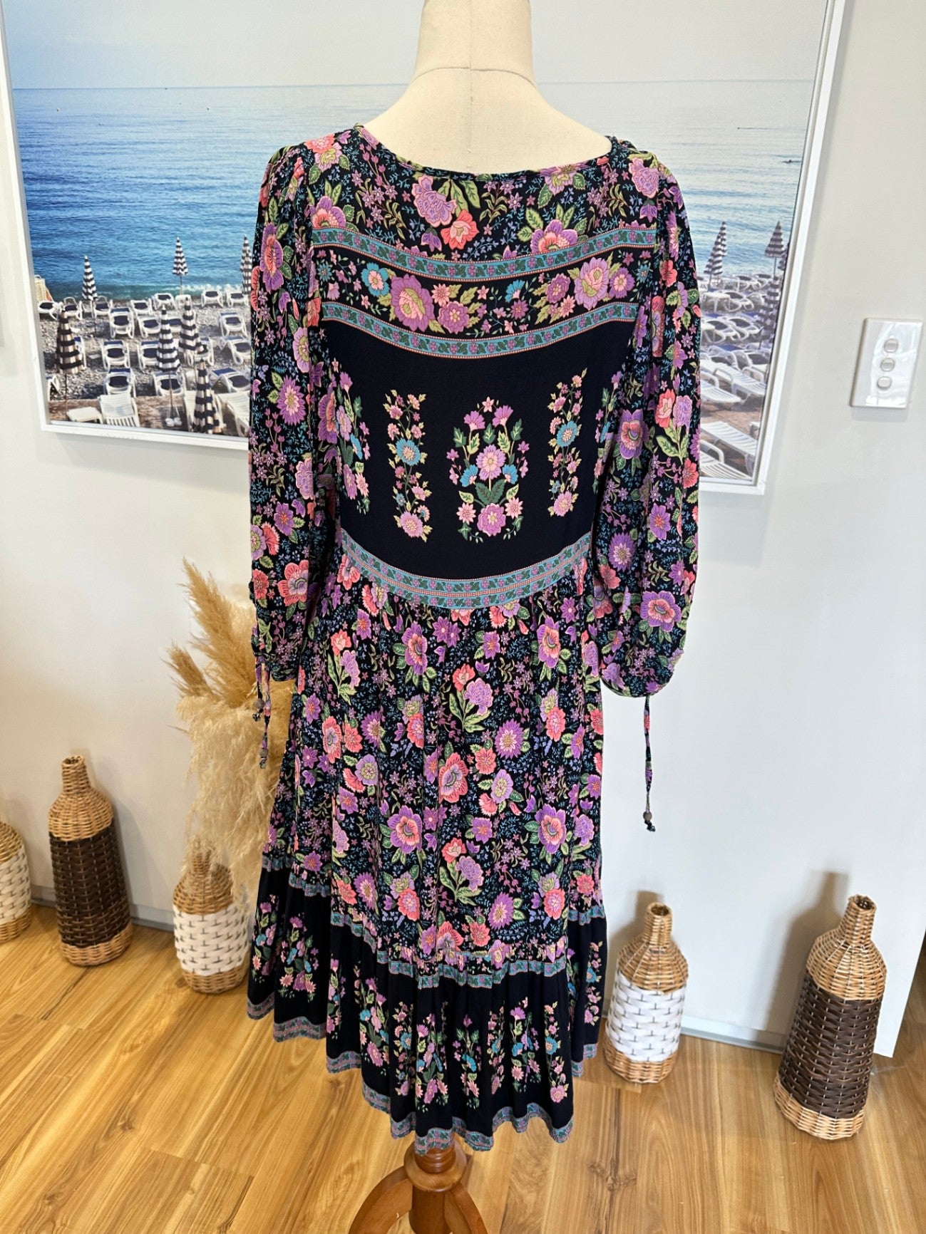Zen Garden - Bohemian Dress - Medium - Navy w Purple / Pink Florals