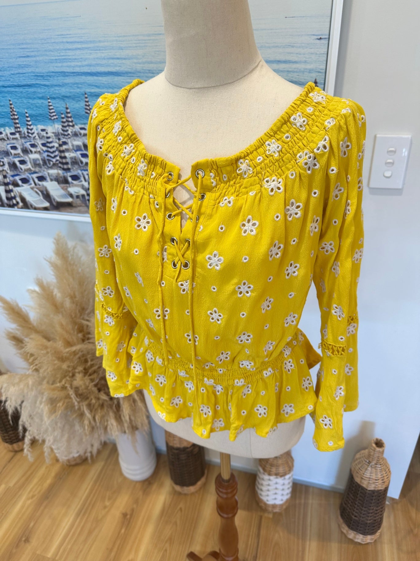 Seed - Off-shoulder Top - Small - Yellow w Broderie