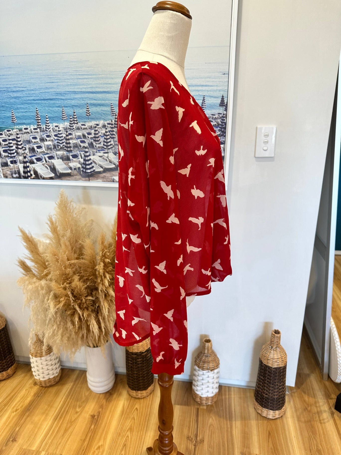 Decjuba Blouse - Size 12 - Red w Seagulls / Birds