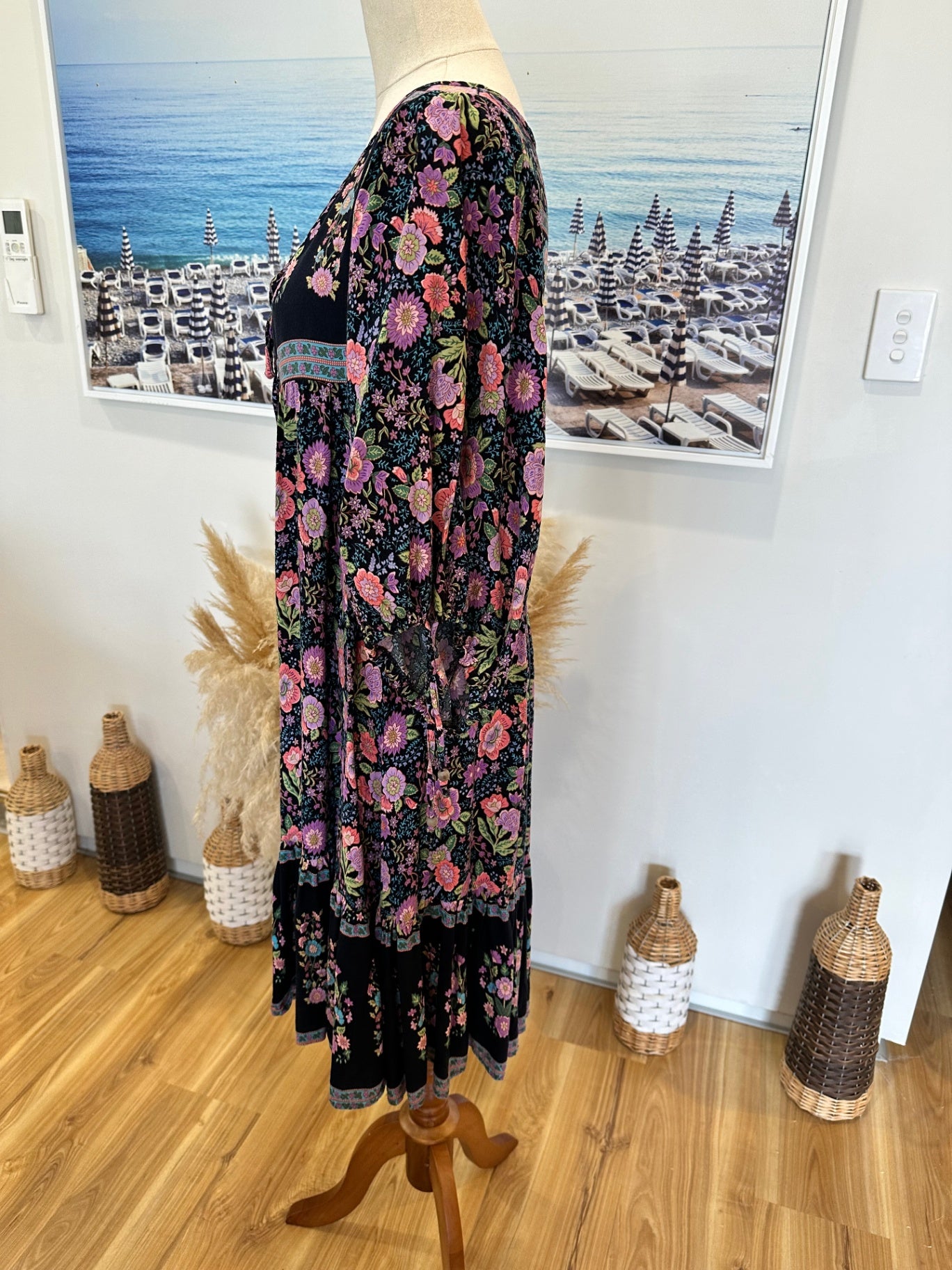 Zen Garden - Bohemian Dress - Medium - Navy w Purple / Pink Florals