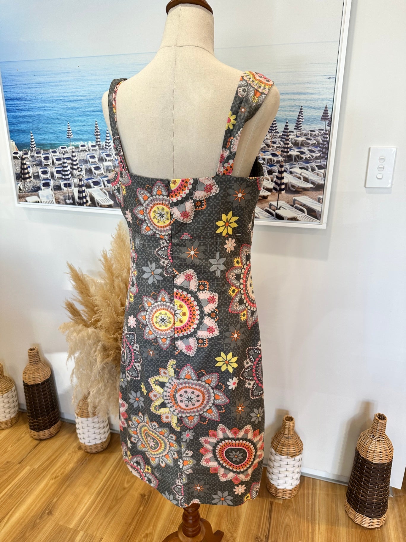 Vintage Heaven Dress - Size 12 - Grey w Lemon / Pink Print