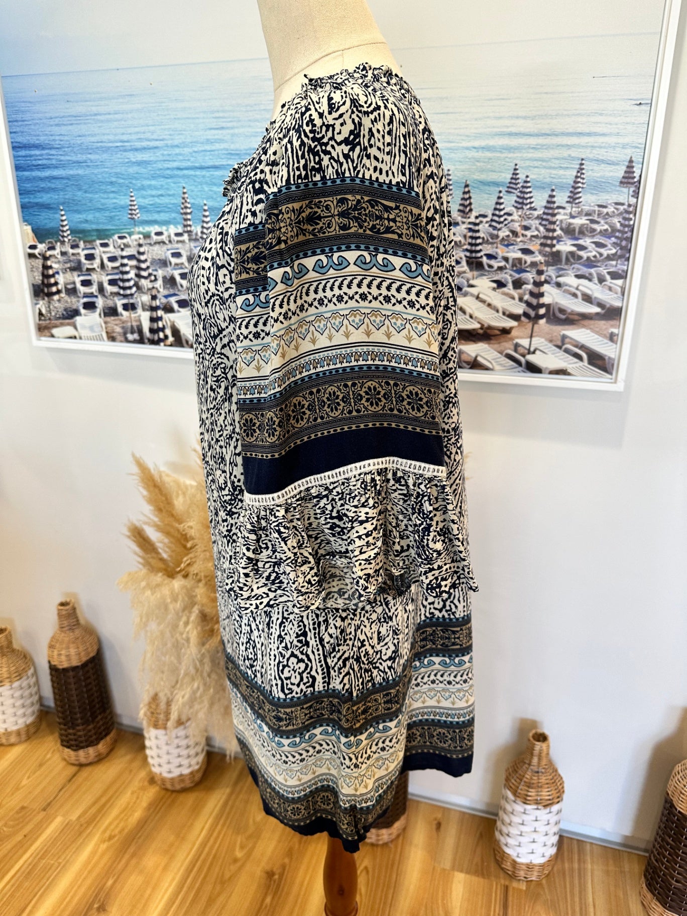 Bohemian Off-Shoulder Dress - Medium - Navy w Blue & Creams