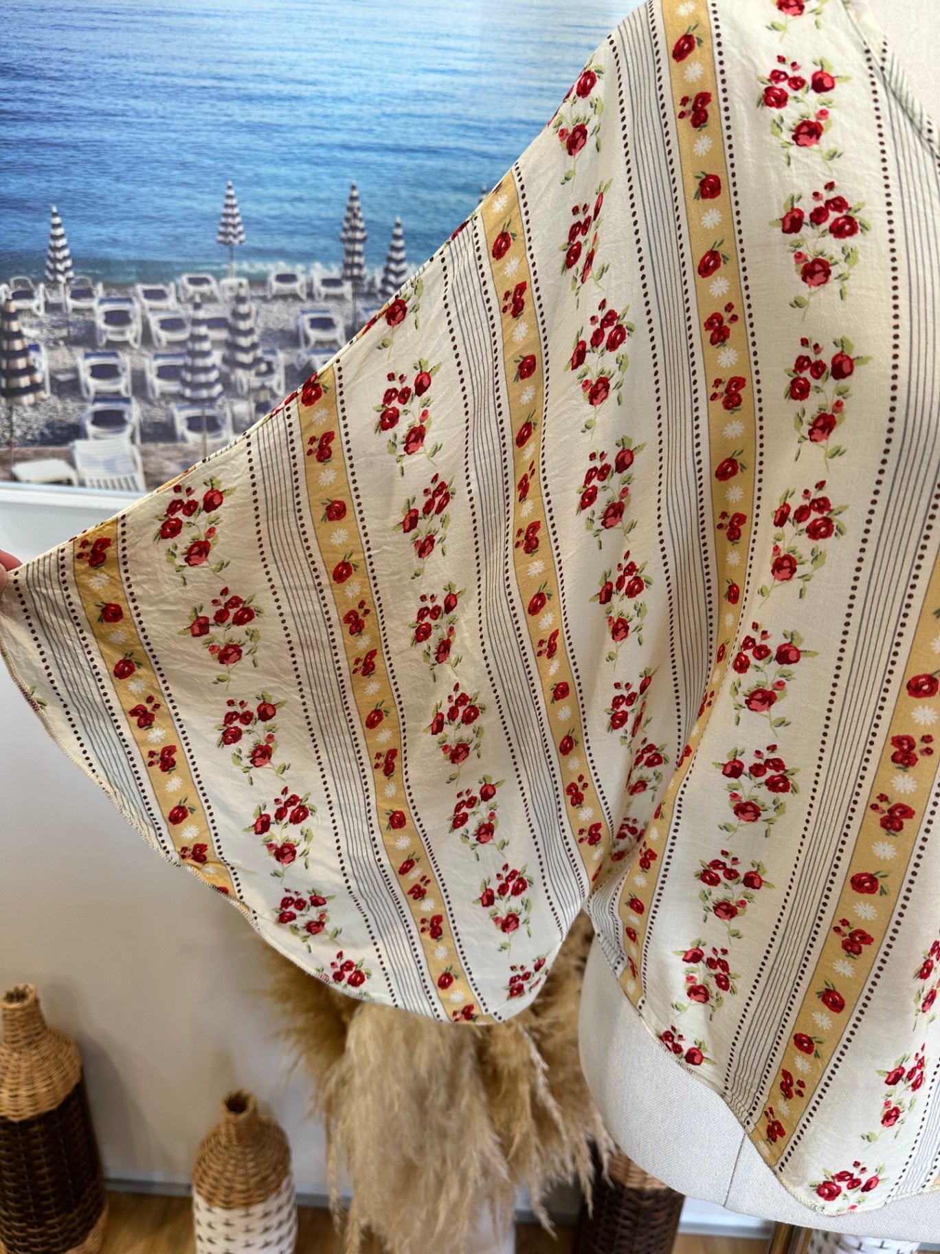 Batwing Blouse - Medium - Cream with red floral pattern