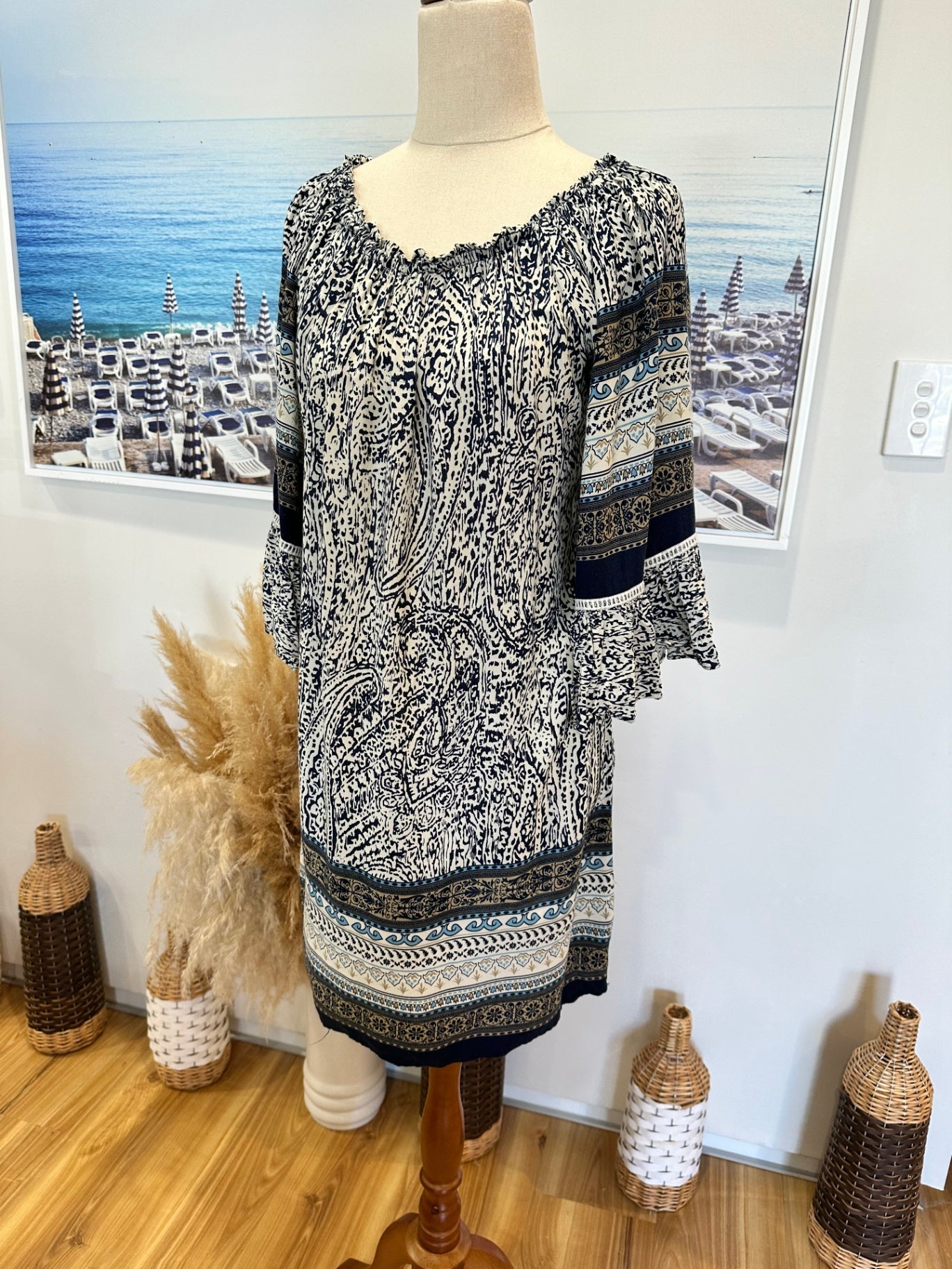 Bohemian Off-Shoulder Dress - Medium - Navy w Blue & Creams