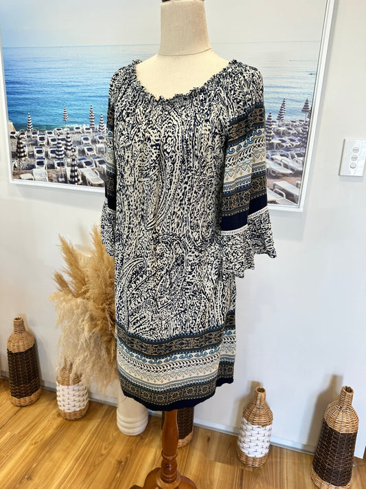 Bohemian Off-Shoulder Dress - Medium - Navy w Blue & Creams