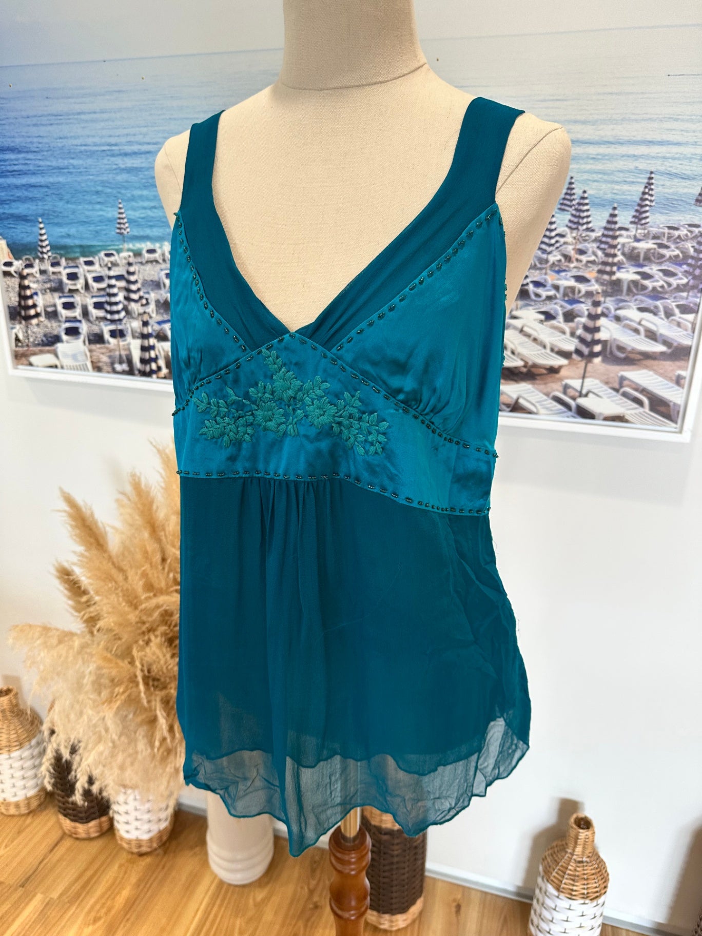 Marilyn Seyb - Camisole Top - Size 12 - Turquoise w beads and embroidery