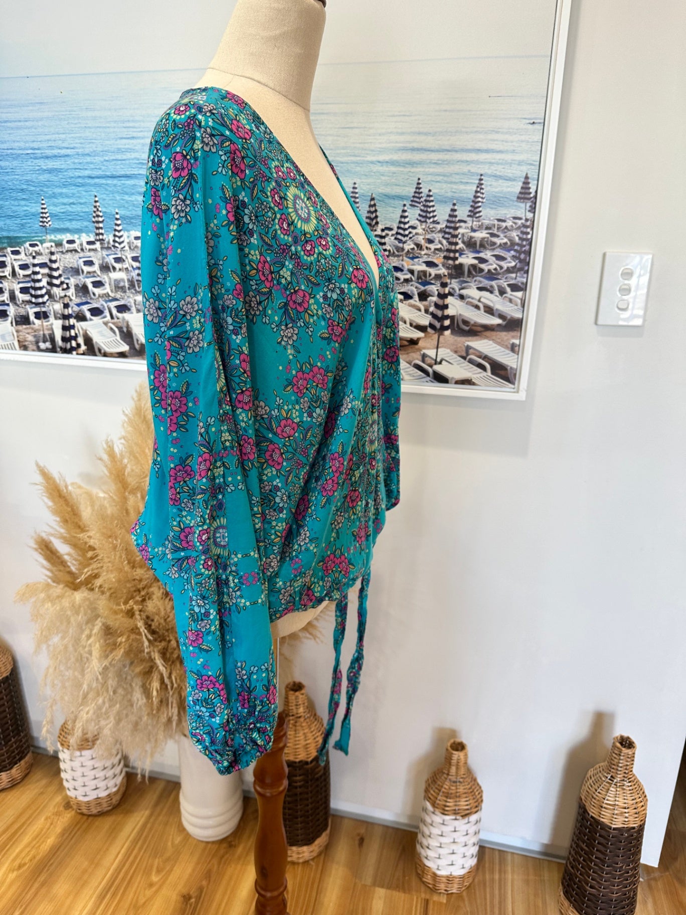 Bohemian Batwing Blouse - Large - Turquoise w Pink Florals