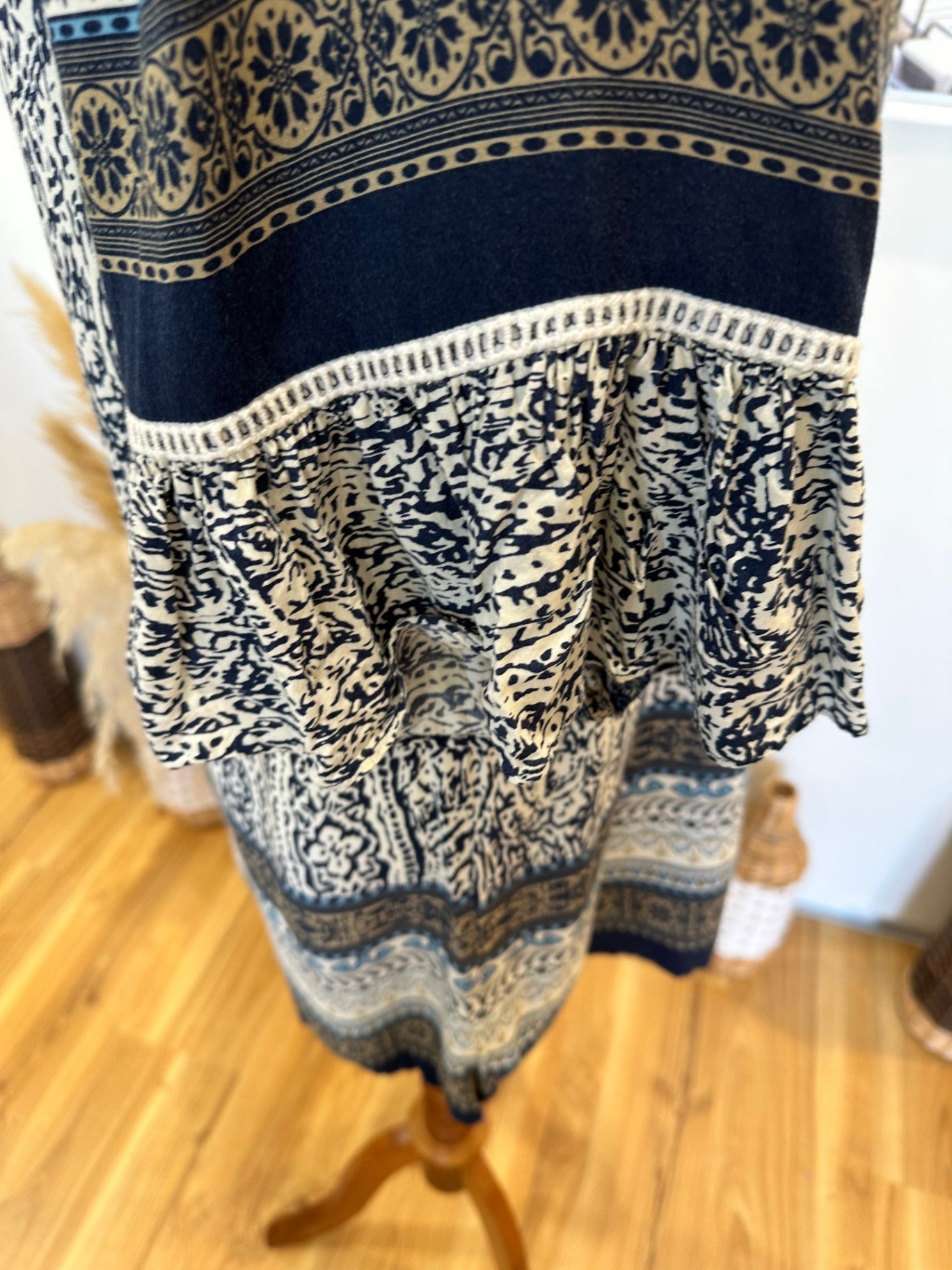 Bohemian Off-Shoulder Dress - Medium - Navy w Blue & Creams