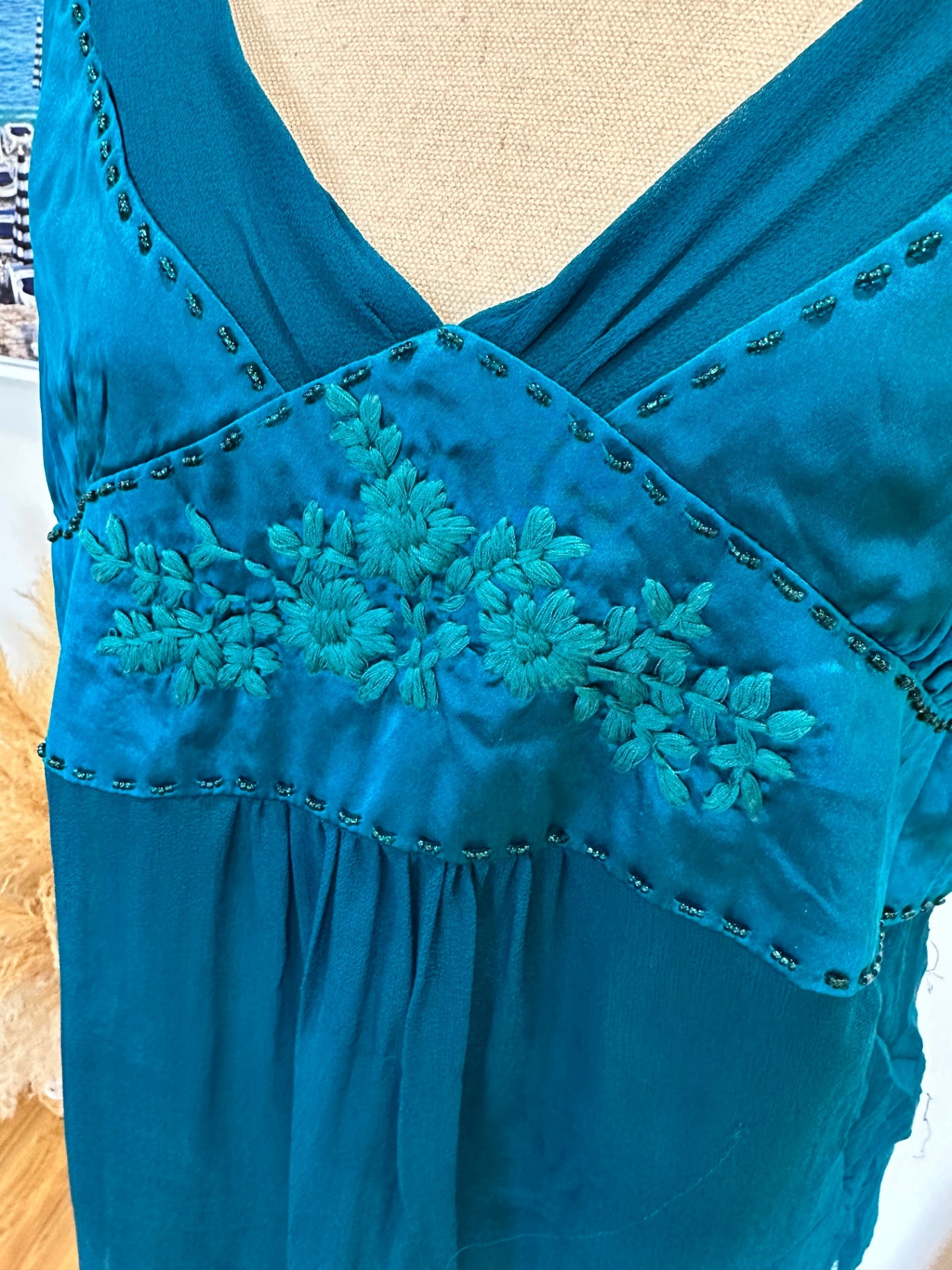 Marilyn Seyb - Camisole Top - Size 12 - Turquoise w beads and embroidery