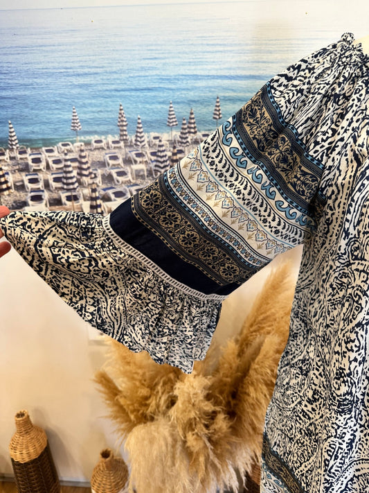 Bohemian Off-Shoulder Dress - Medium - Navy w Blue & Creams