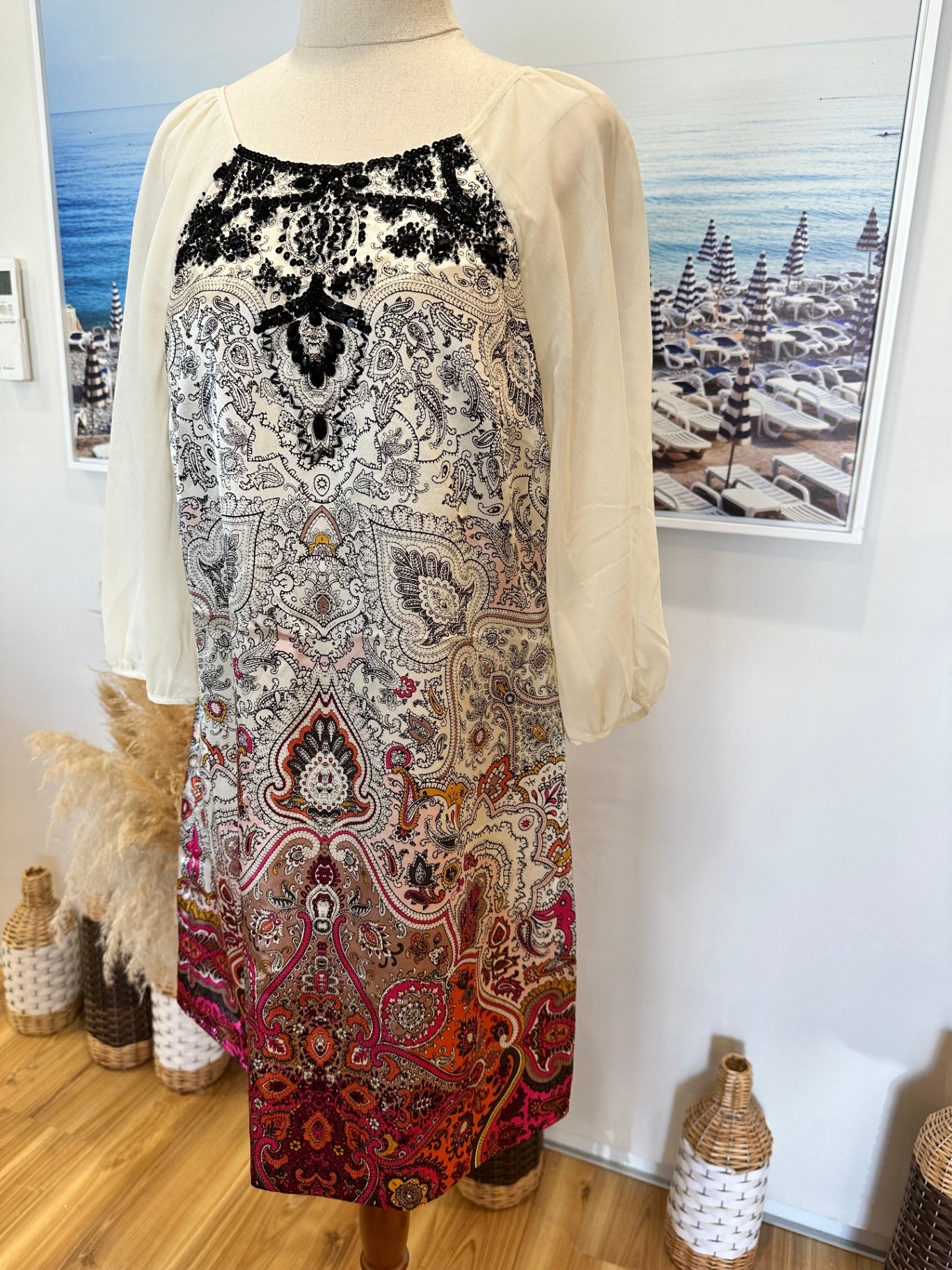 Monsoon Dress - Size 12 - Cream w Black / Jewelled Paisley Print