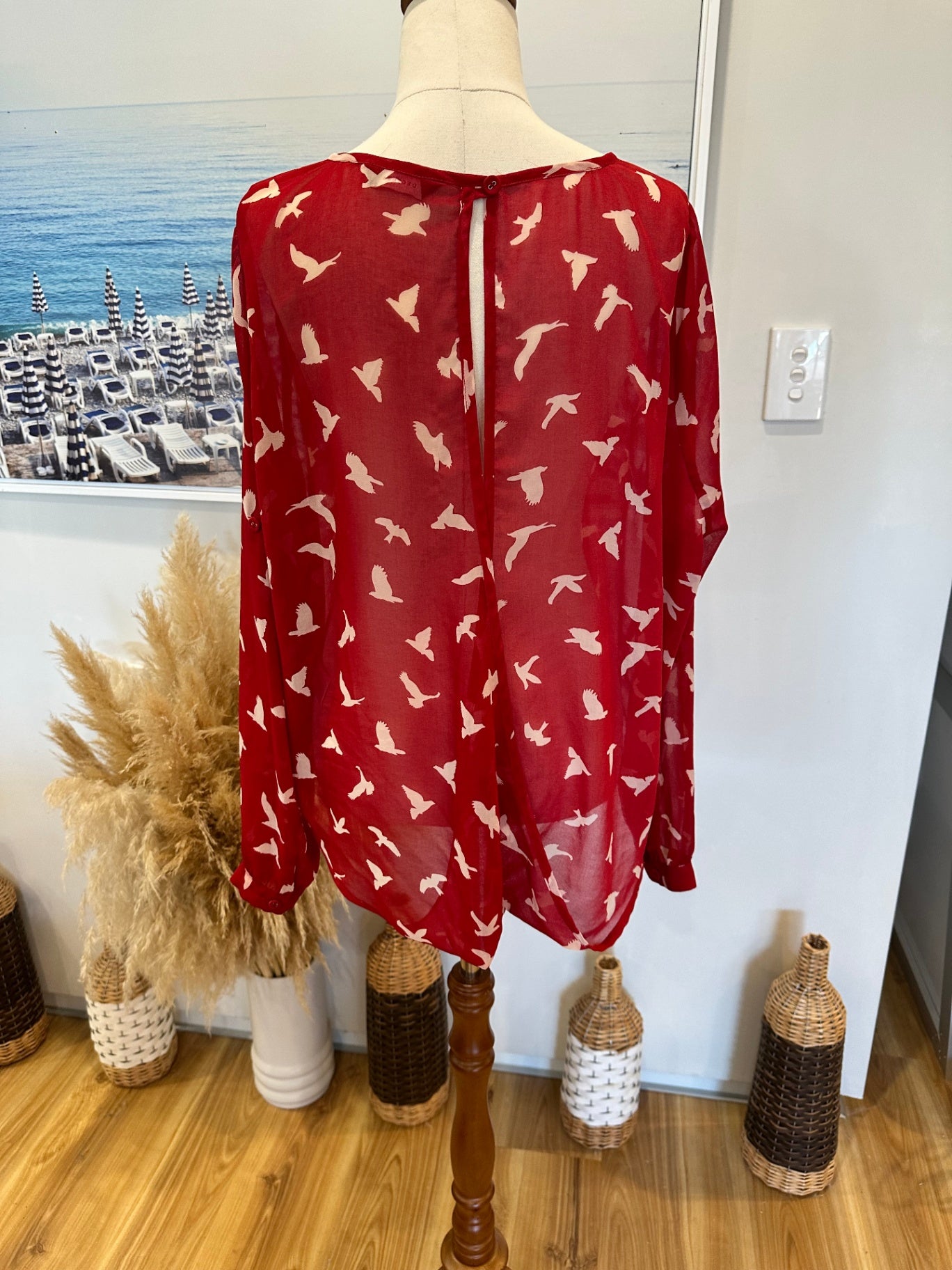 Decjuba Blouse - Size 12 - Red w Seagulls / Birds