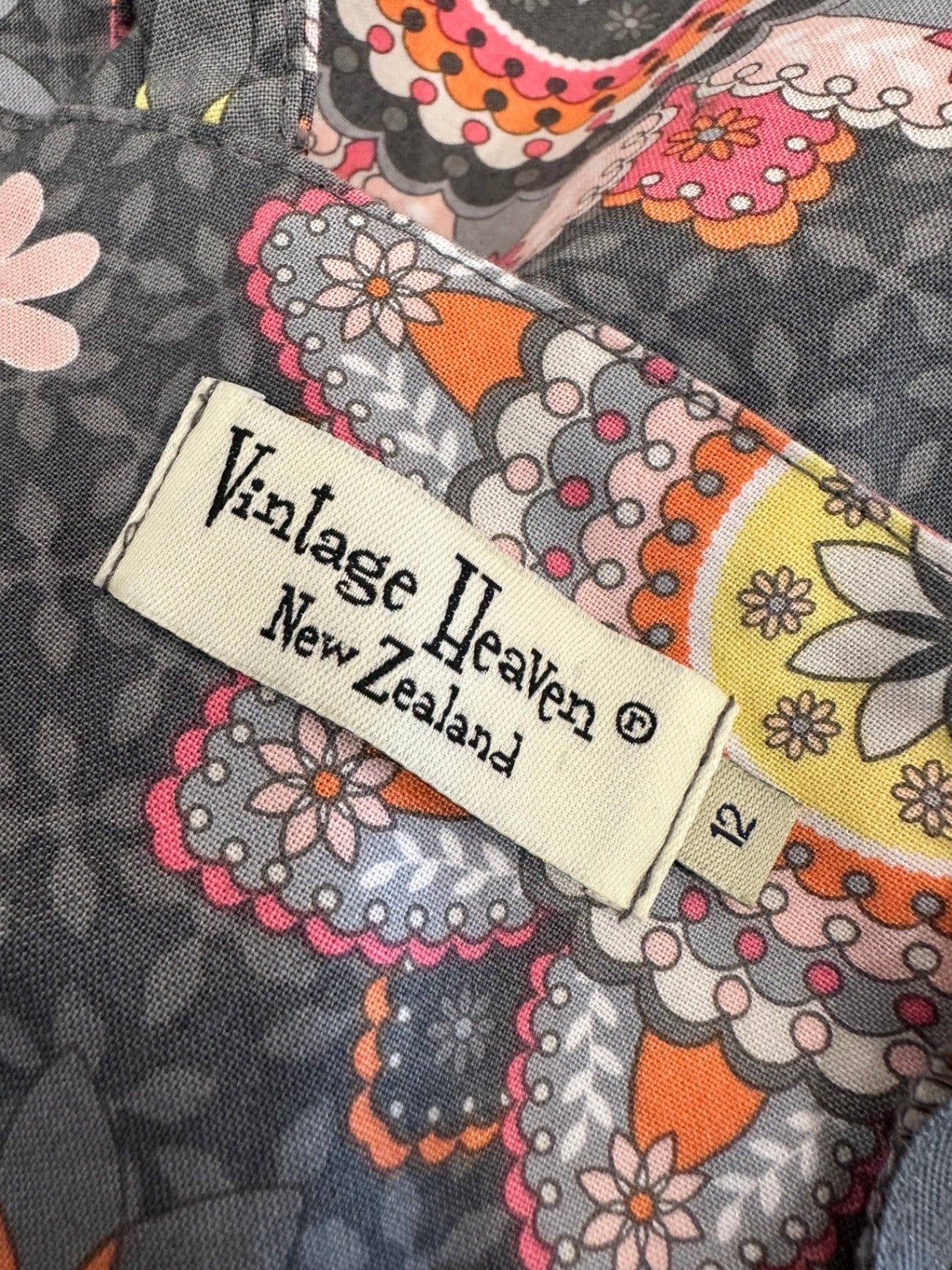 Vintage Heaven Dress - Size 12 - Grey w Lemon / Pink Print