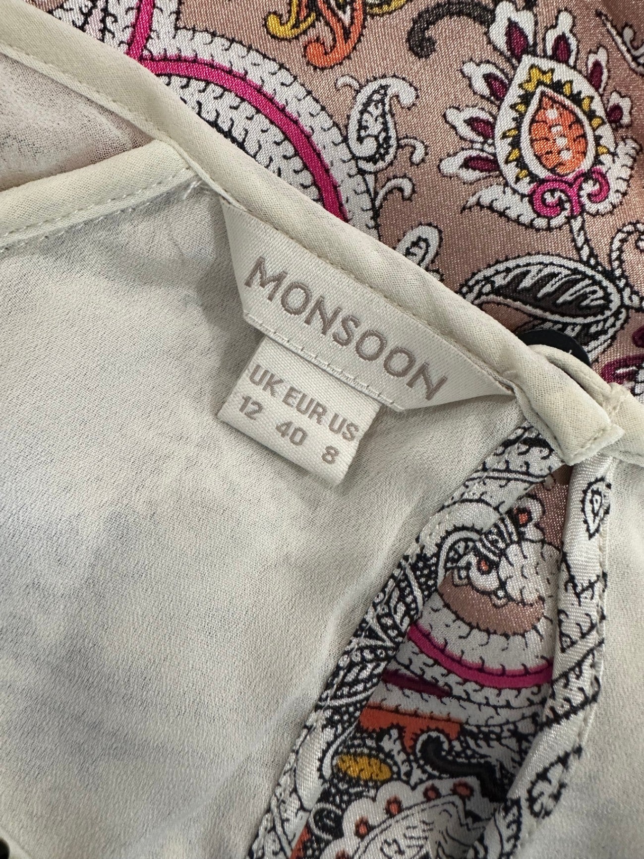 Monsoon Dress - Size 12 - Cream w Black / Jewelled Paisley Print