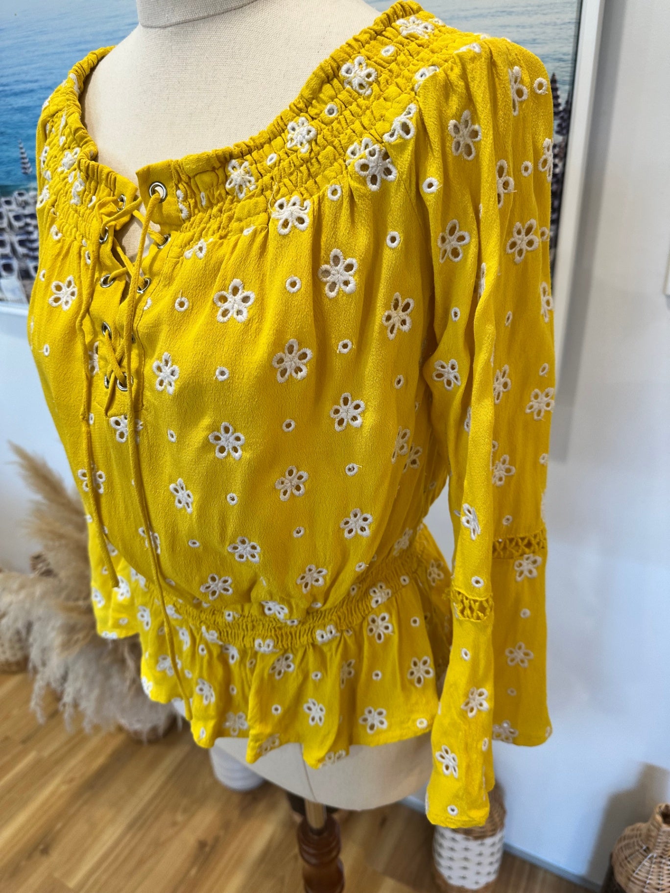 Seed - Off-shoulder Top - Small - Yellow w Broderie