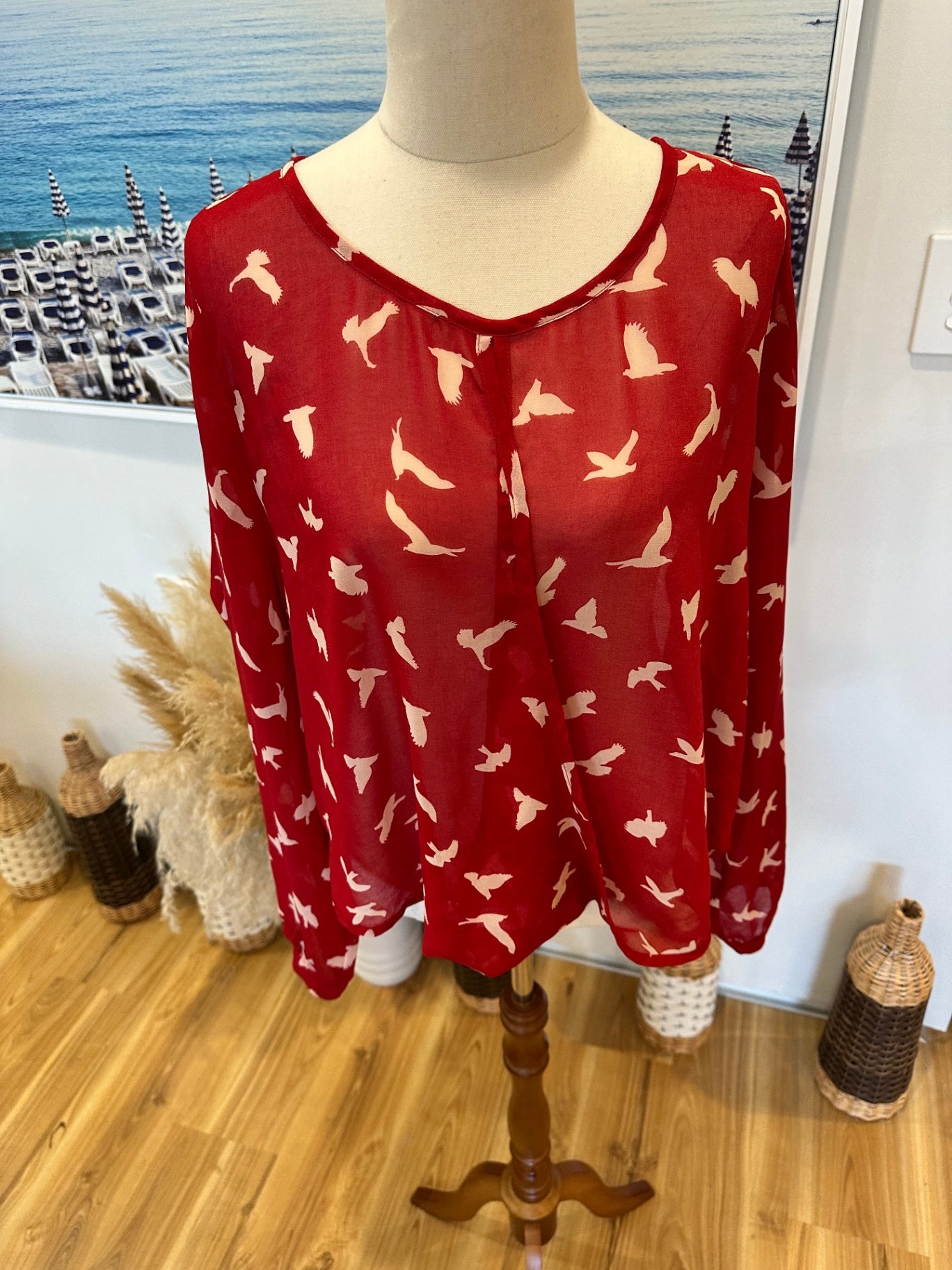 Decjuba Blouse - Size 12 - Red w Seagulls / Birds