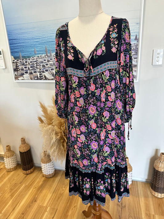 Zen Garden - Bohemian Dress - Medium - Navy w Purple / Pink Florals