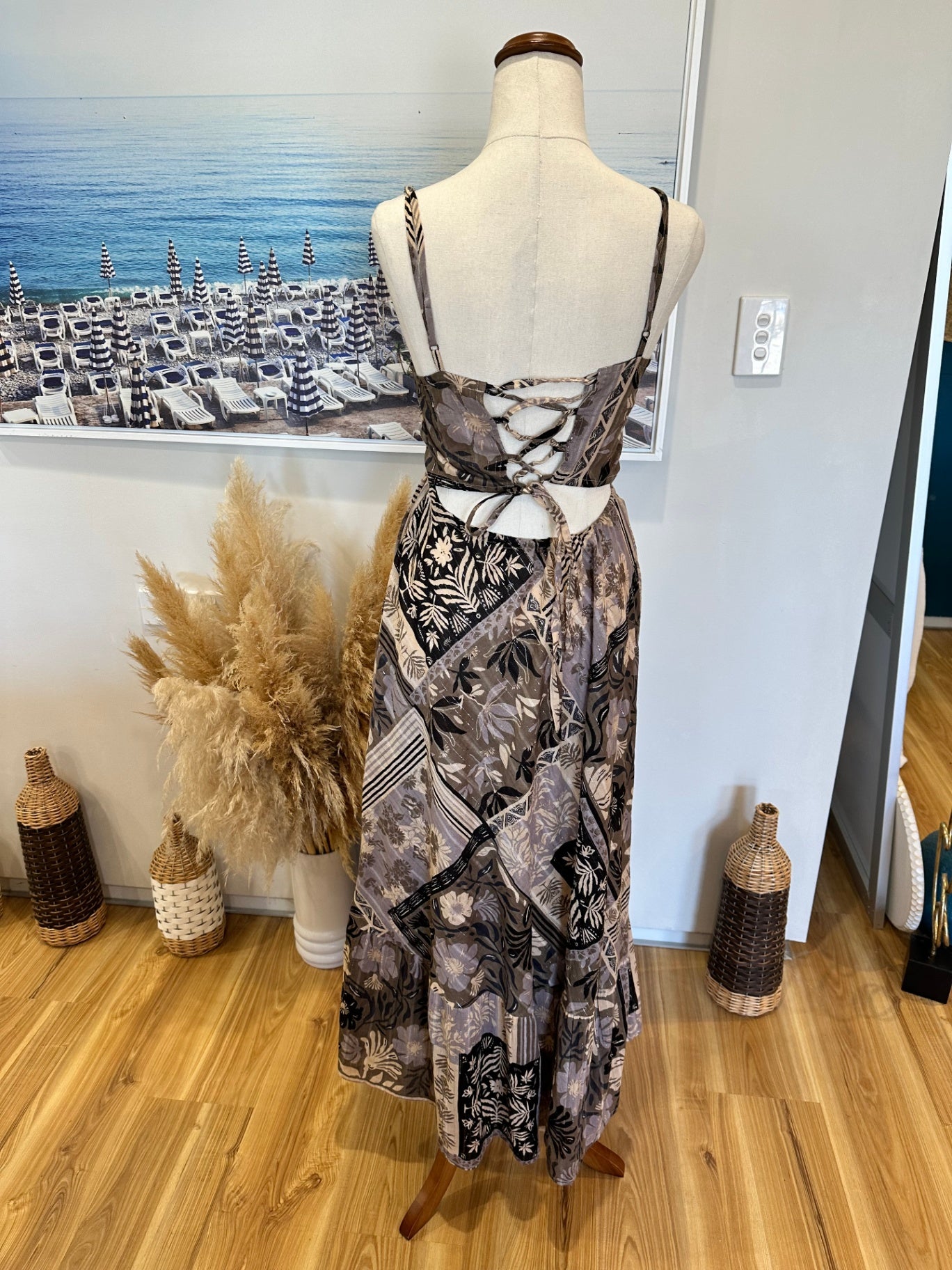 Lakhays - Maxi Dress - Small / Medium - Beige, black, taupe, and cream