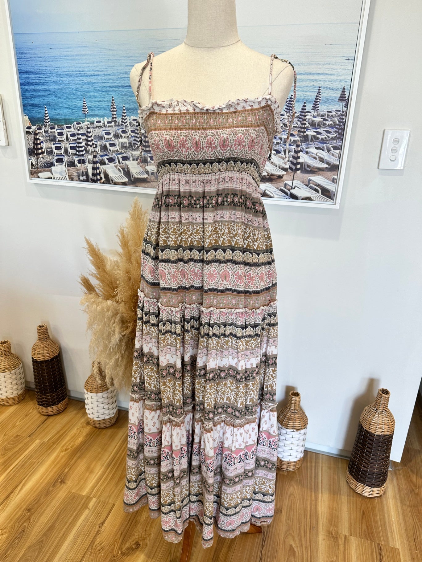 Iris Maxi - Bohemian Maxi Dress - Size 8 - Beige / Pink / Cream