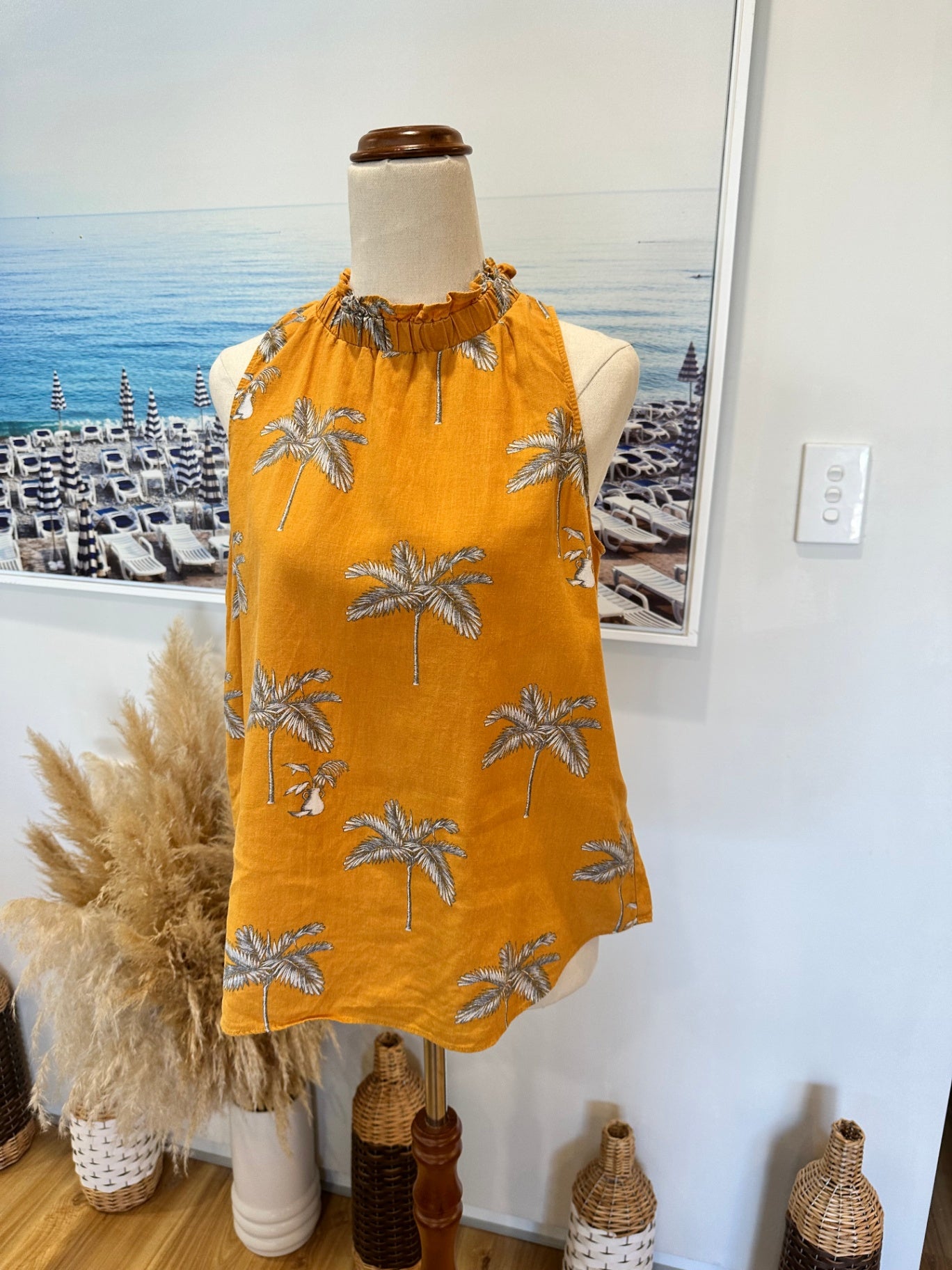 Ann Taylor - Linen Blend Top - Medium - Mustard w Palm tree patterns