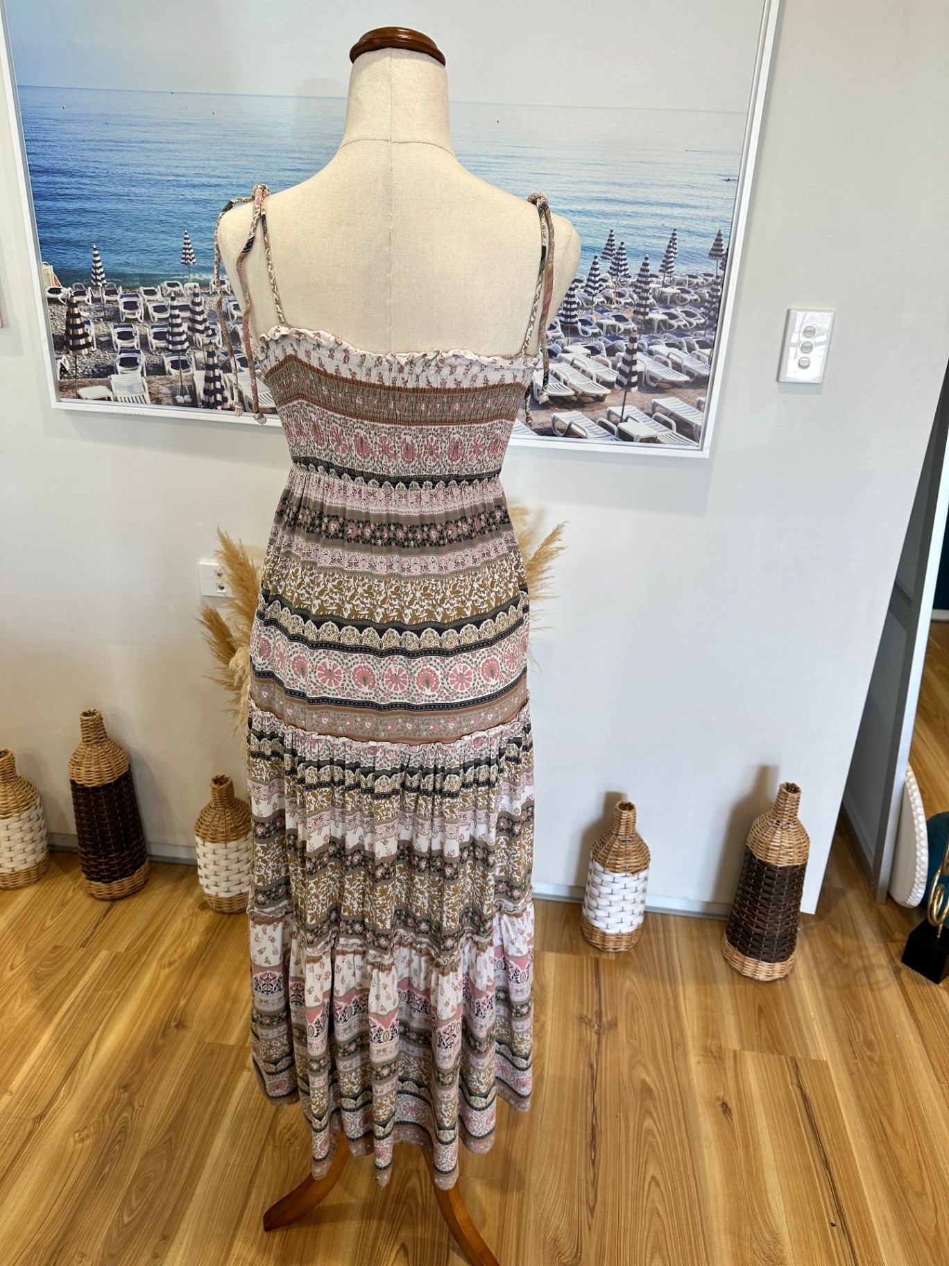 Iris Maxi - Bohemian Maxi Dress - Size 8 - Beige / Pink / Cream