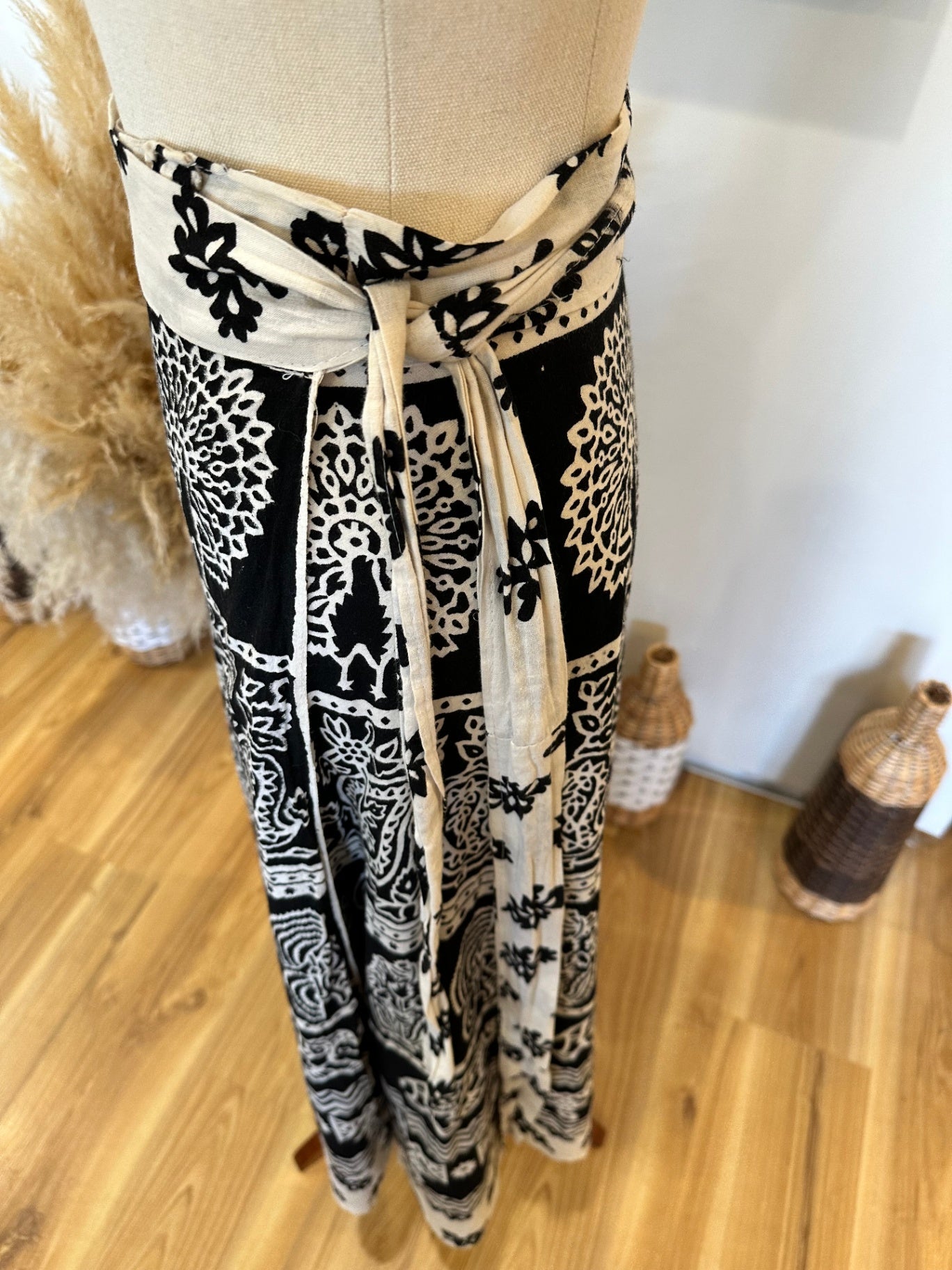 Wraparound Skirt - Black and White w Elephant & Turkey Motif