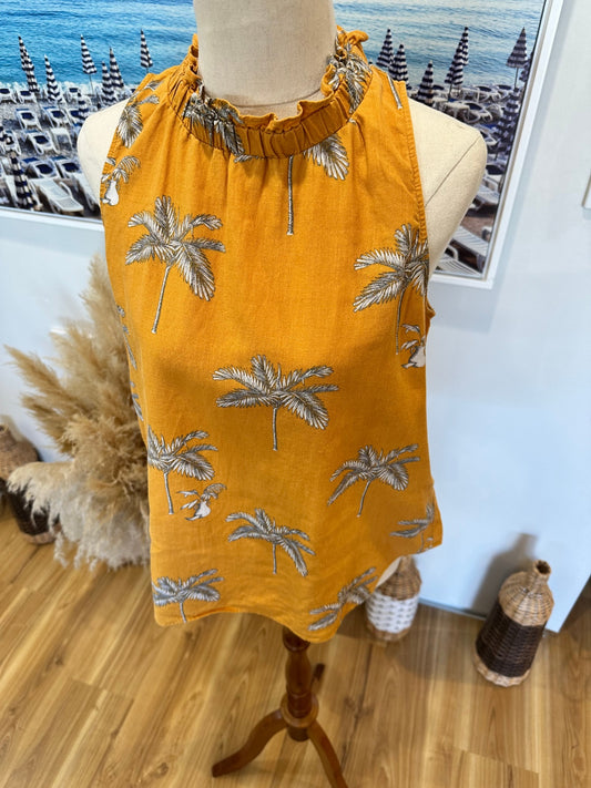 Ann Taylor - Linen Blend Top - Medium - Mustard w Palm tree patterns