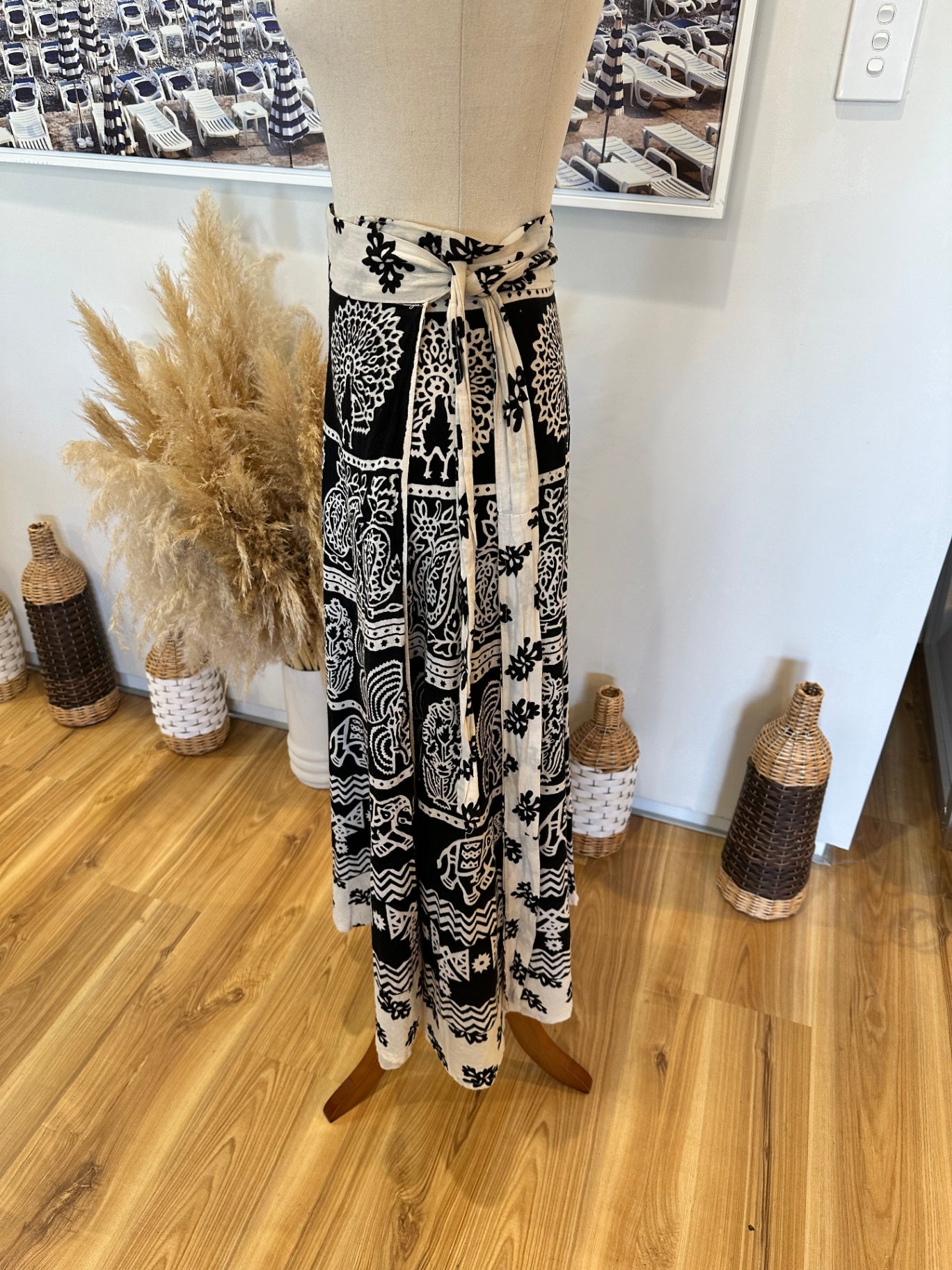 Wraparound Skirt - Black and White w Elephant & Turkey Motif