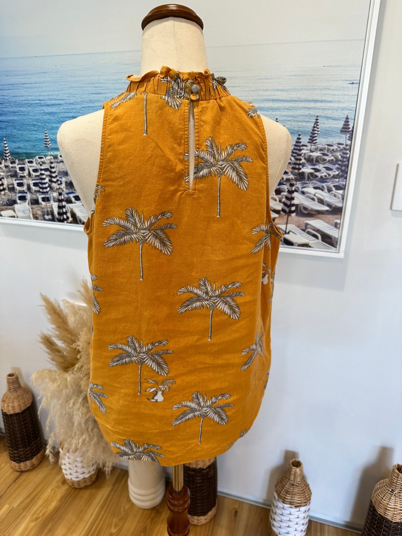 Ann Taylor - Linen Blend Top - Medium - Mustard w Palm tree patterns