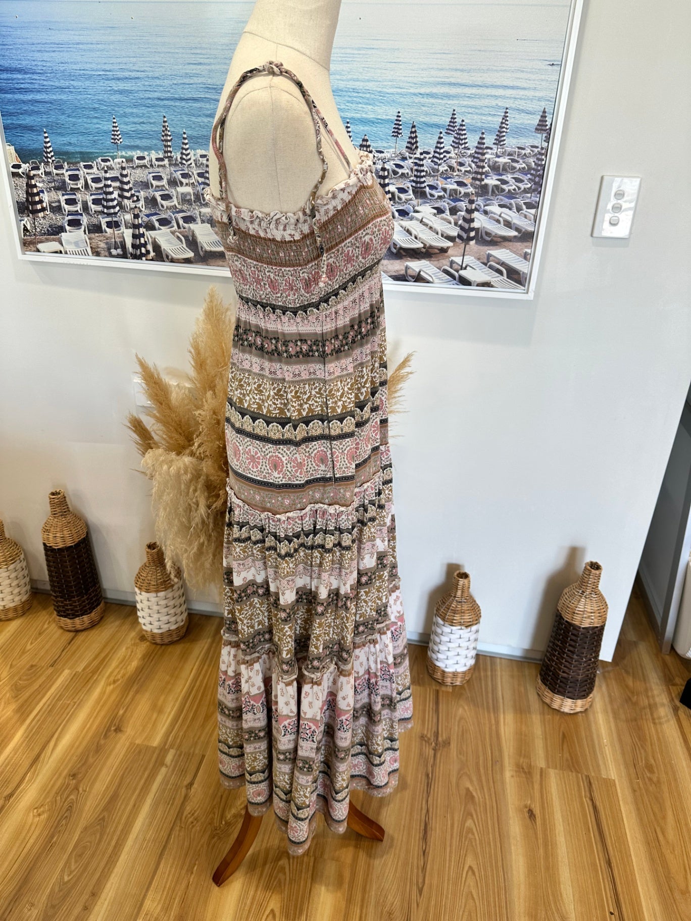 Iris Maxi - Bohemian Maxi Dress - Size 8 - Beige / Pink / Cream