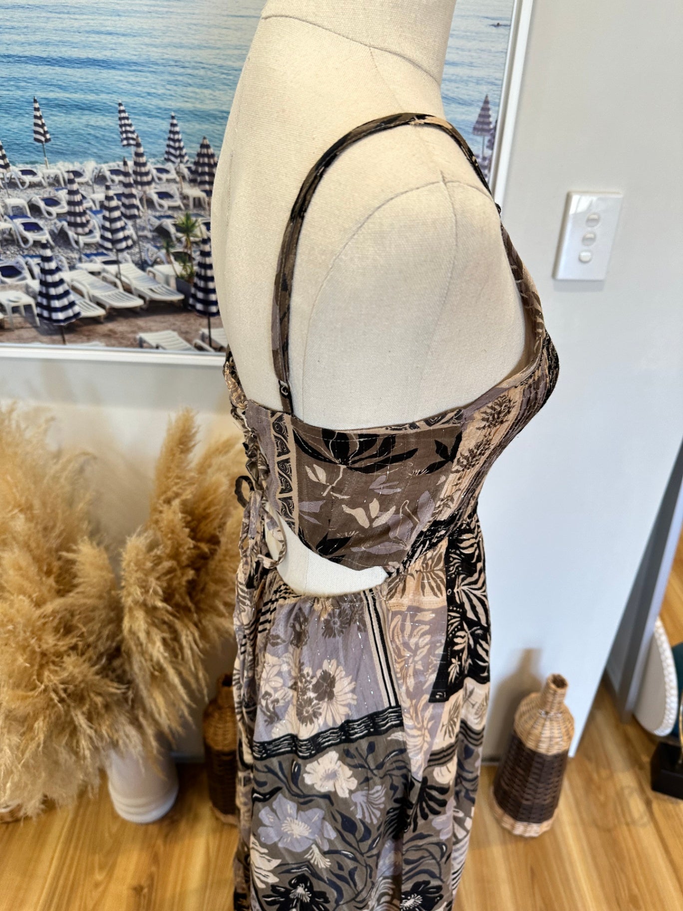 Lakhays - Maxi Dress - Small / Medium - Beige, black, taupe, and cream