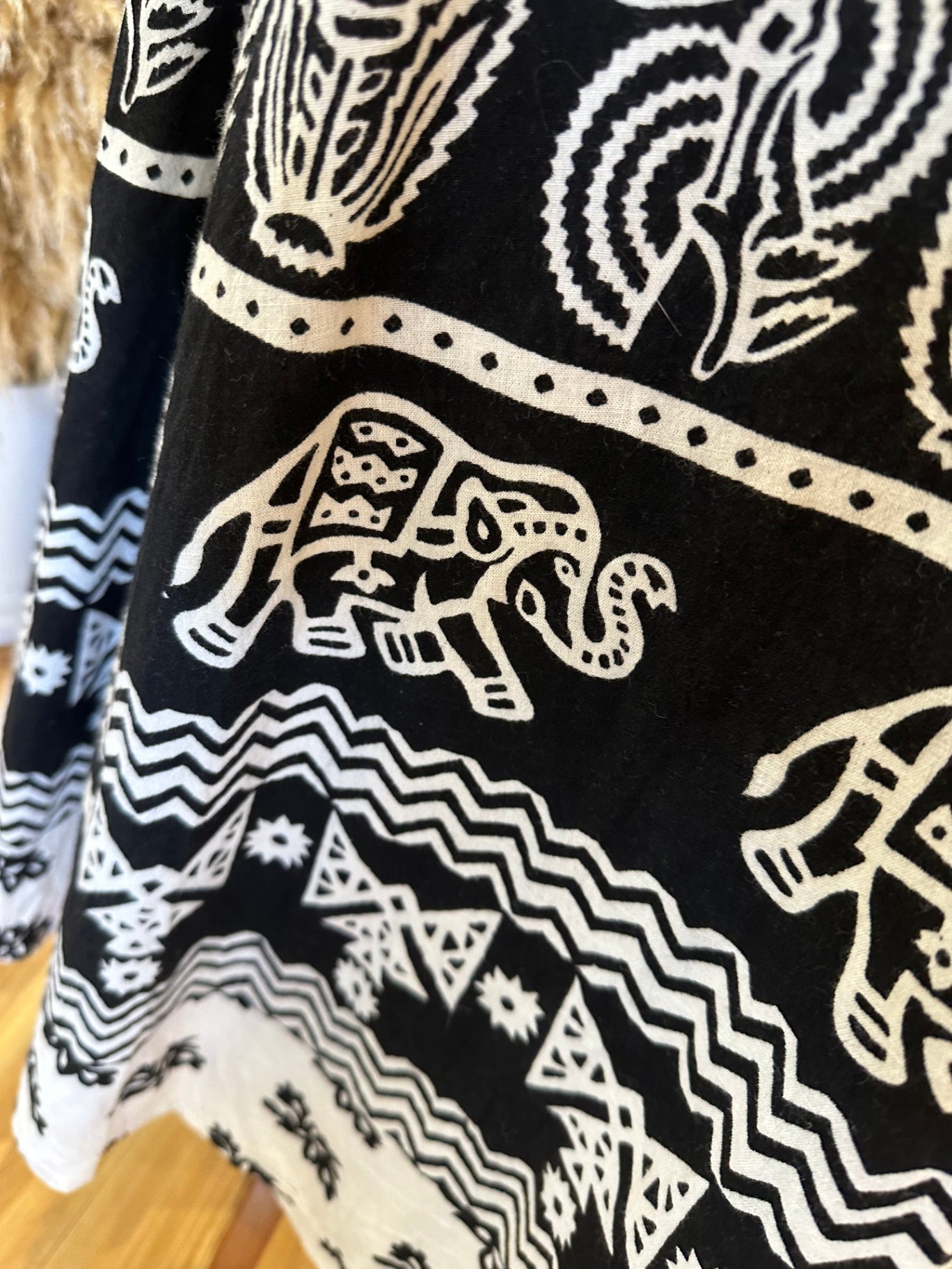 Wraparound Skirt - Black and White w Elephant & Turkey Motif