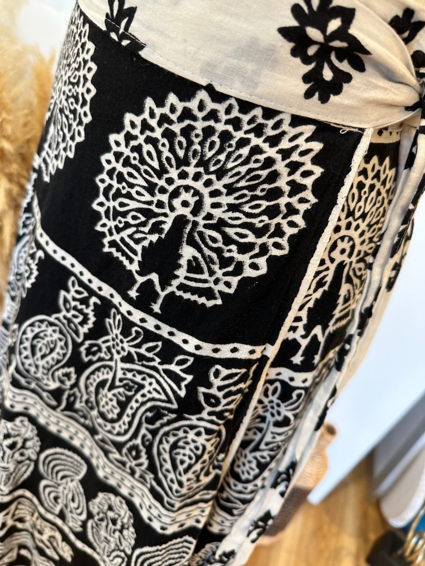 Wraparound Skirt - Black and White w Elephant & Turkey Motif