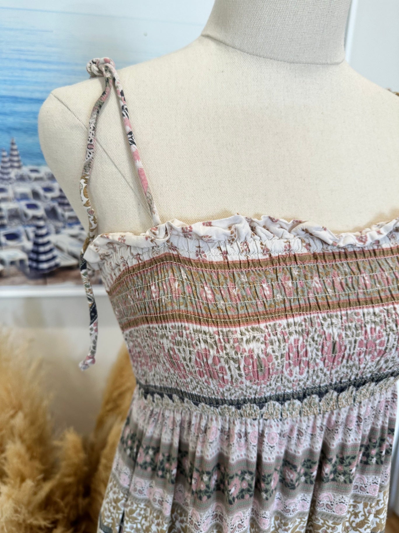 Iris Maxi - Bohemian Maxi Dress - Size 8 - Beige / Pink / Cream