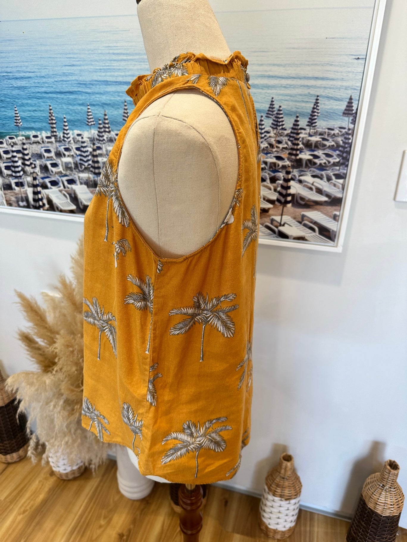 Ann Taylor - Linen Blend Top - Medium - Mustard w Palm tree patterns