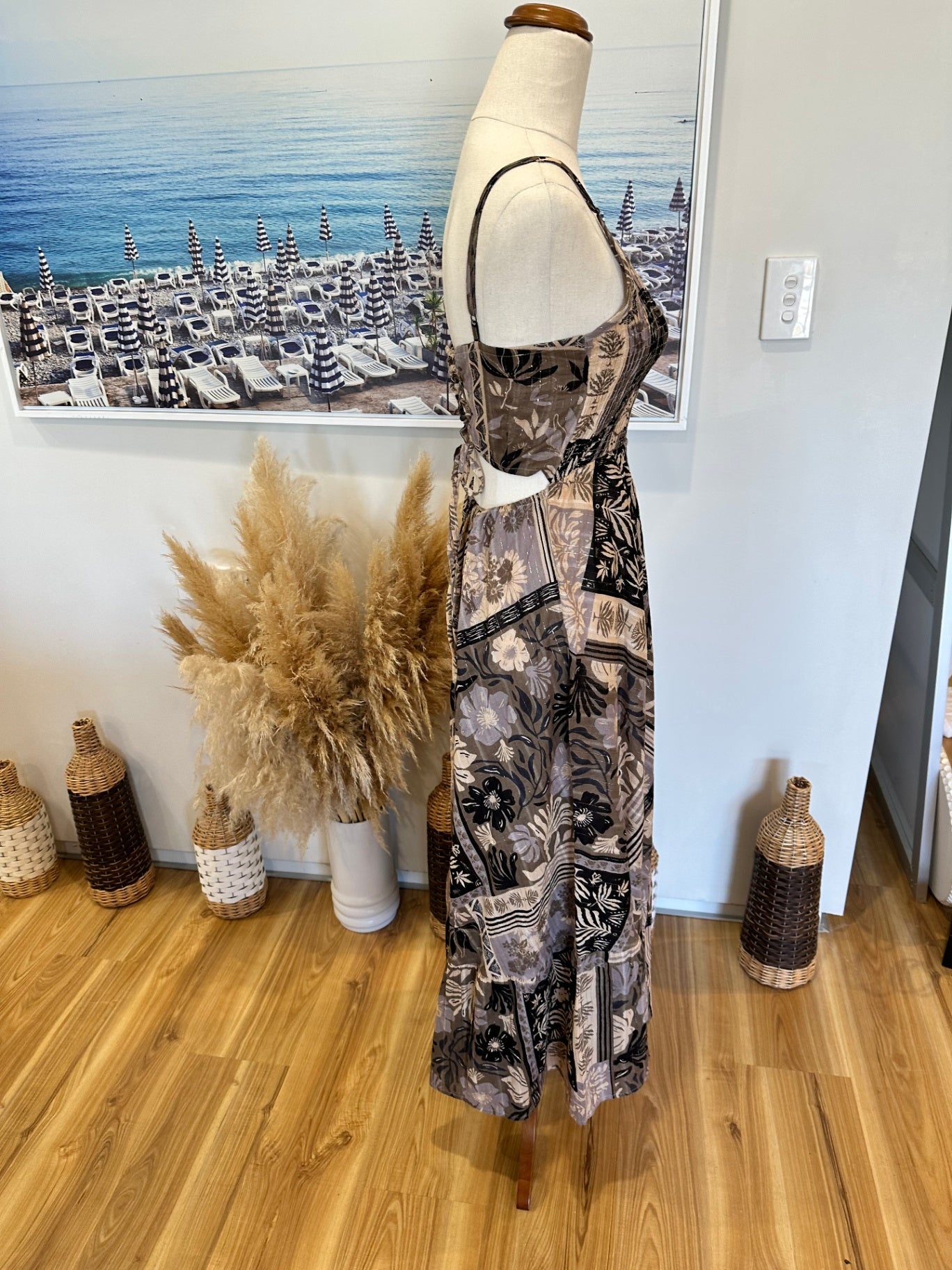 Lakhays - Maxi Dress - Small / Medium - Beige, black, taupe, and cream