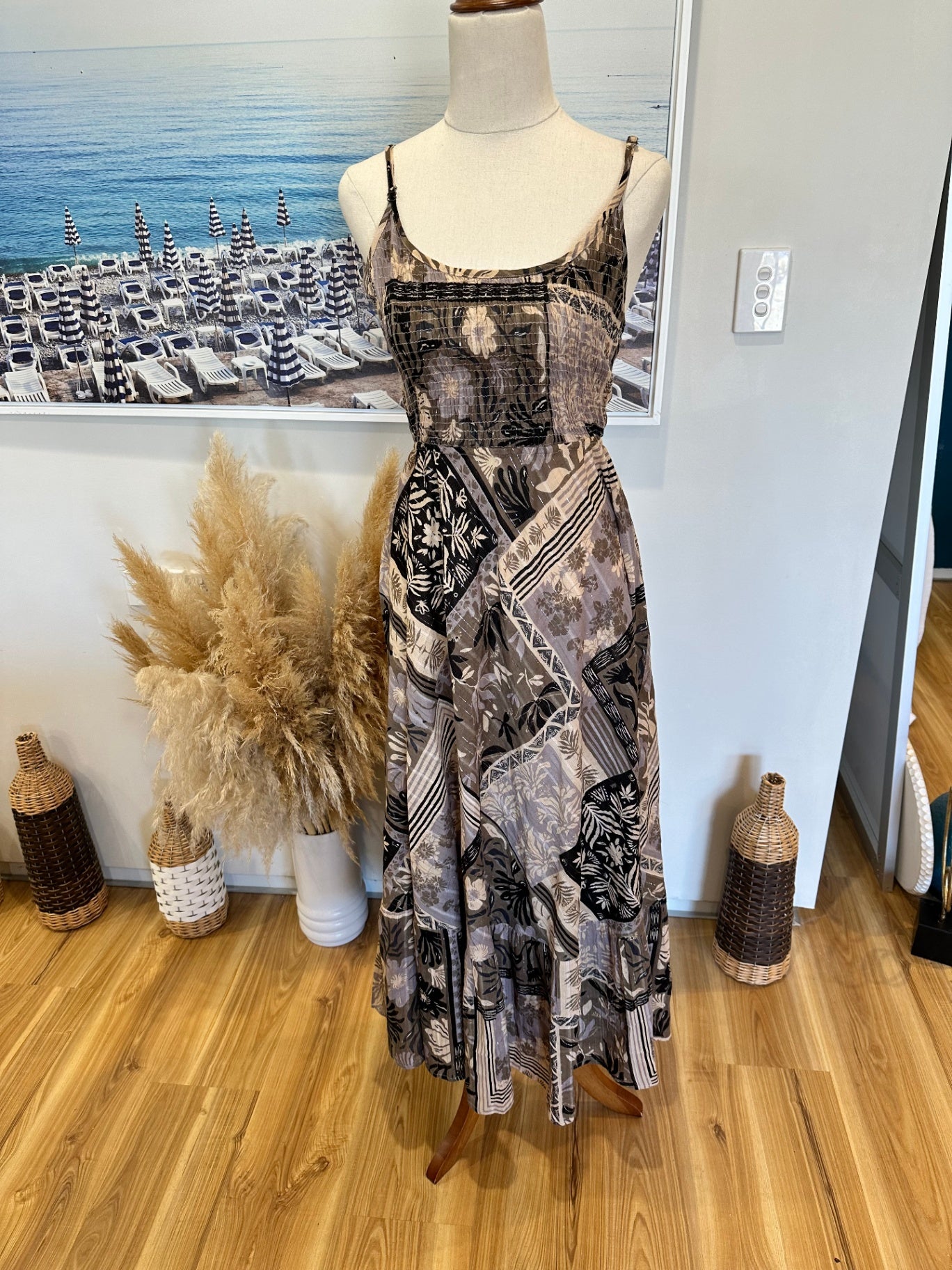 Lakhays - Maxi Dress - Small / Medium - Beige, black, taupe, and cream