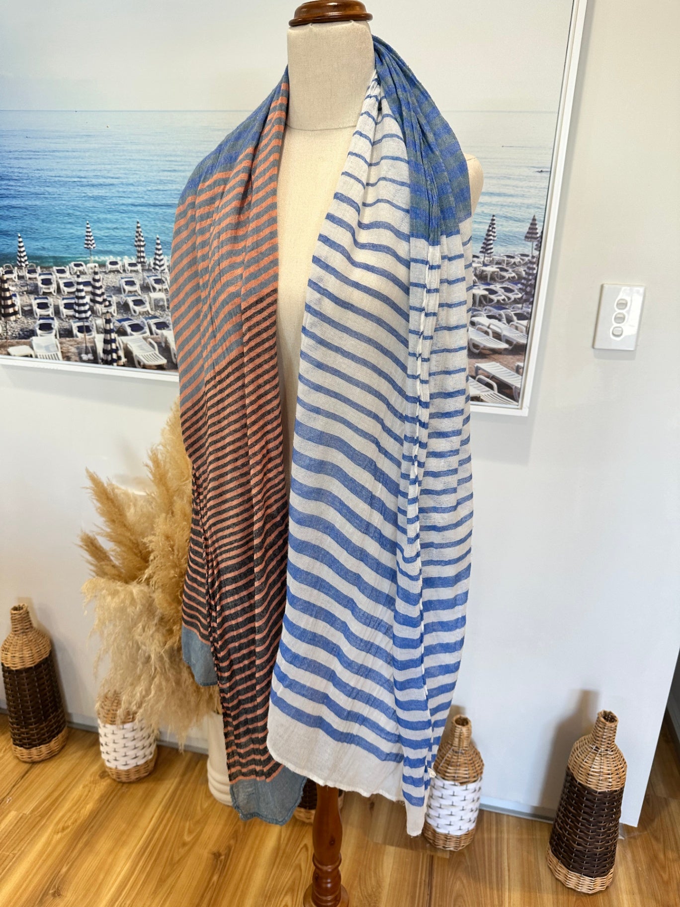 Striped scarf - Blue, Gray, Peach