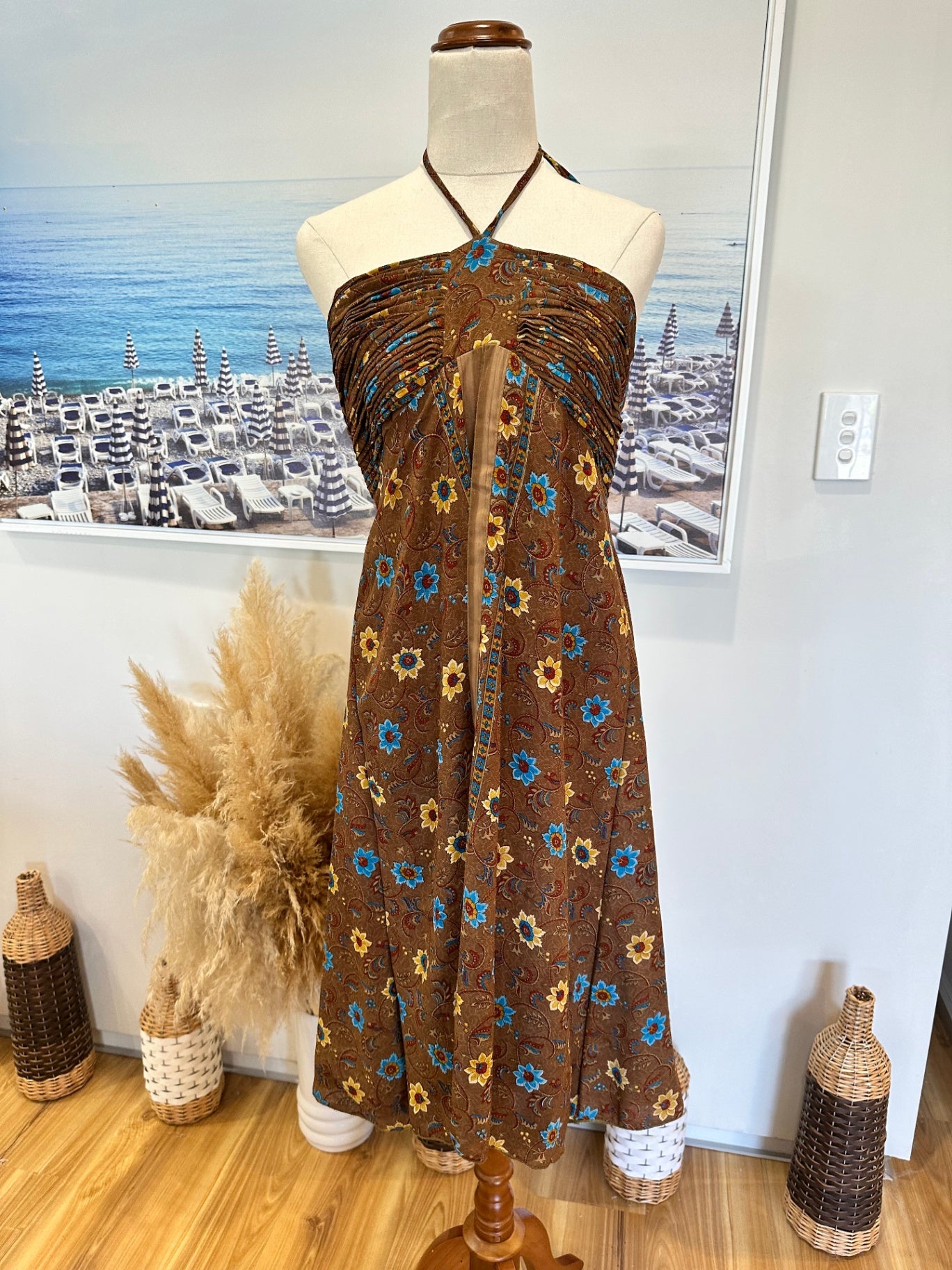 Karmasauticals - Bohemian Halterneck Dress - One Size - Brown with blue 