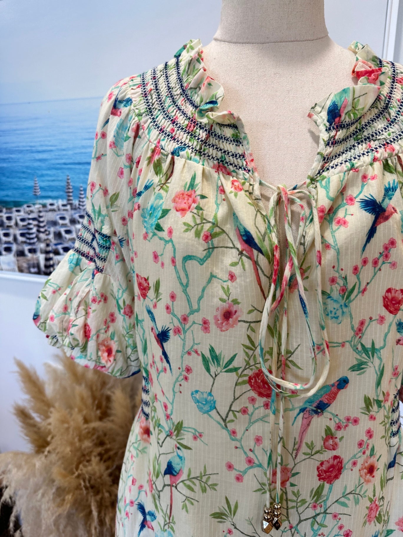 H&M Collab - Bohemian Dress - Size 8 - Lemon / Aqua / Pink 