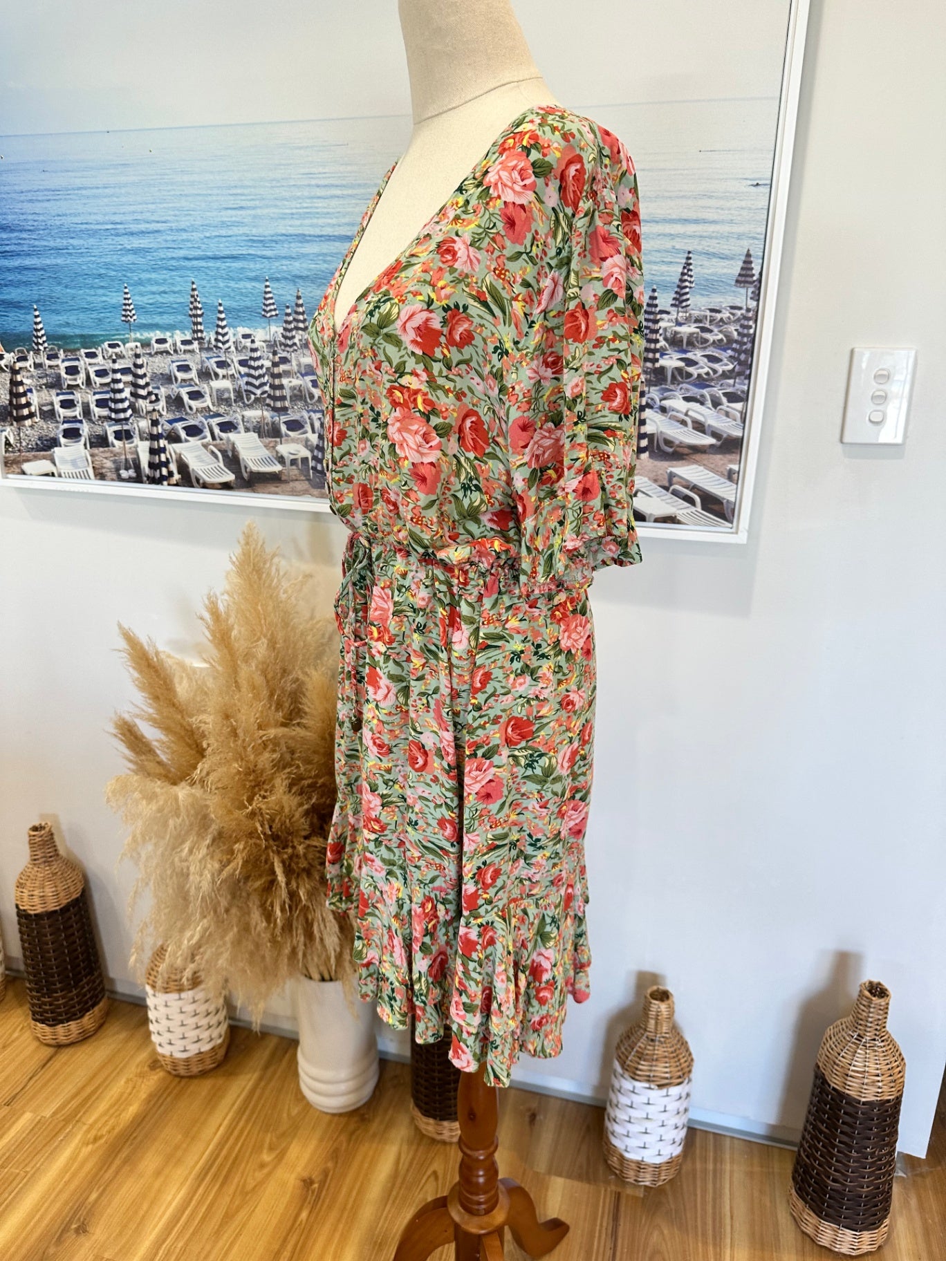 Zen Garden - Bohemian Dress - Large - Pink + Green